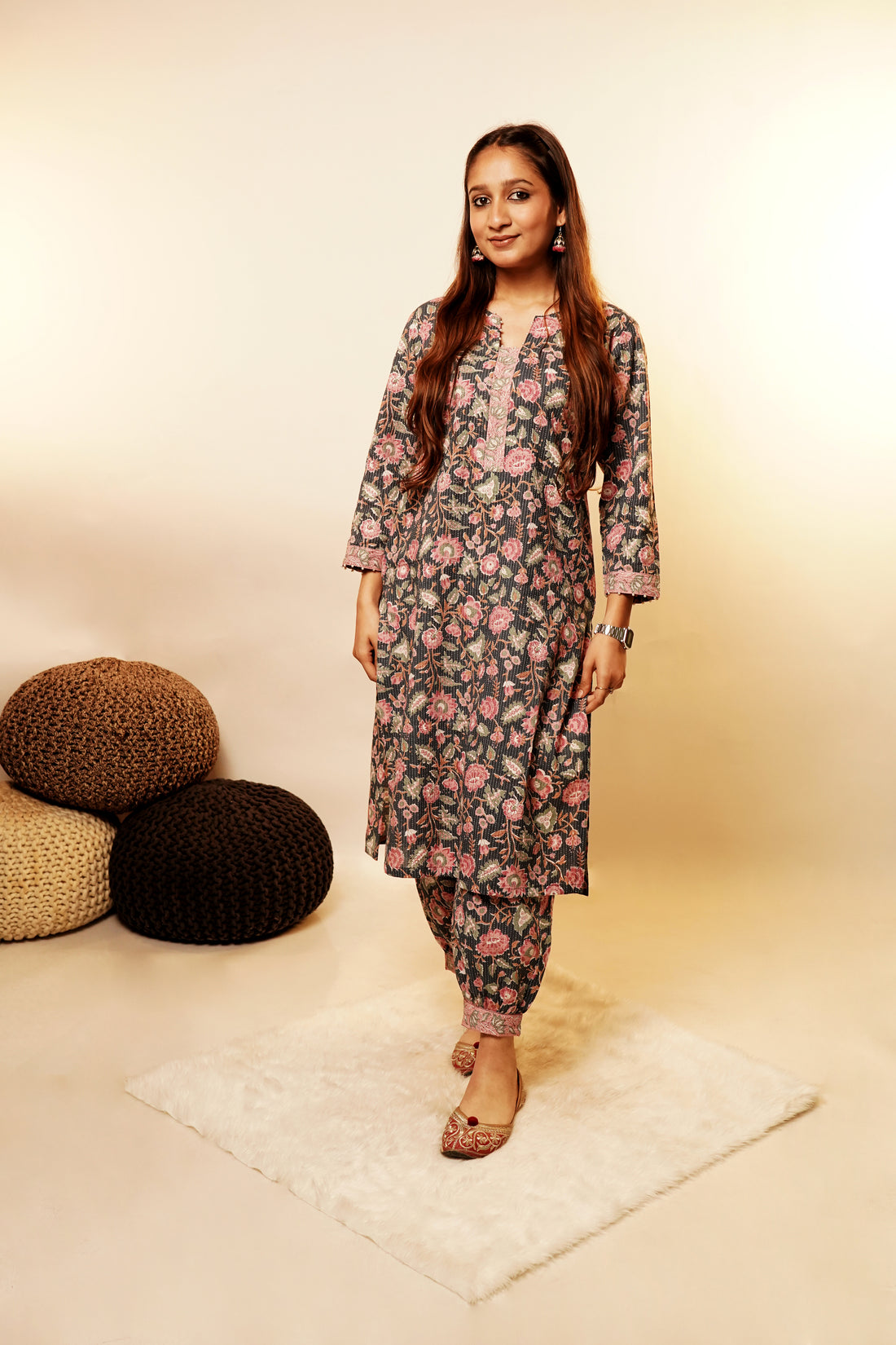 Black Floral Long Kurta