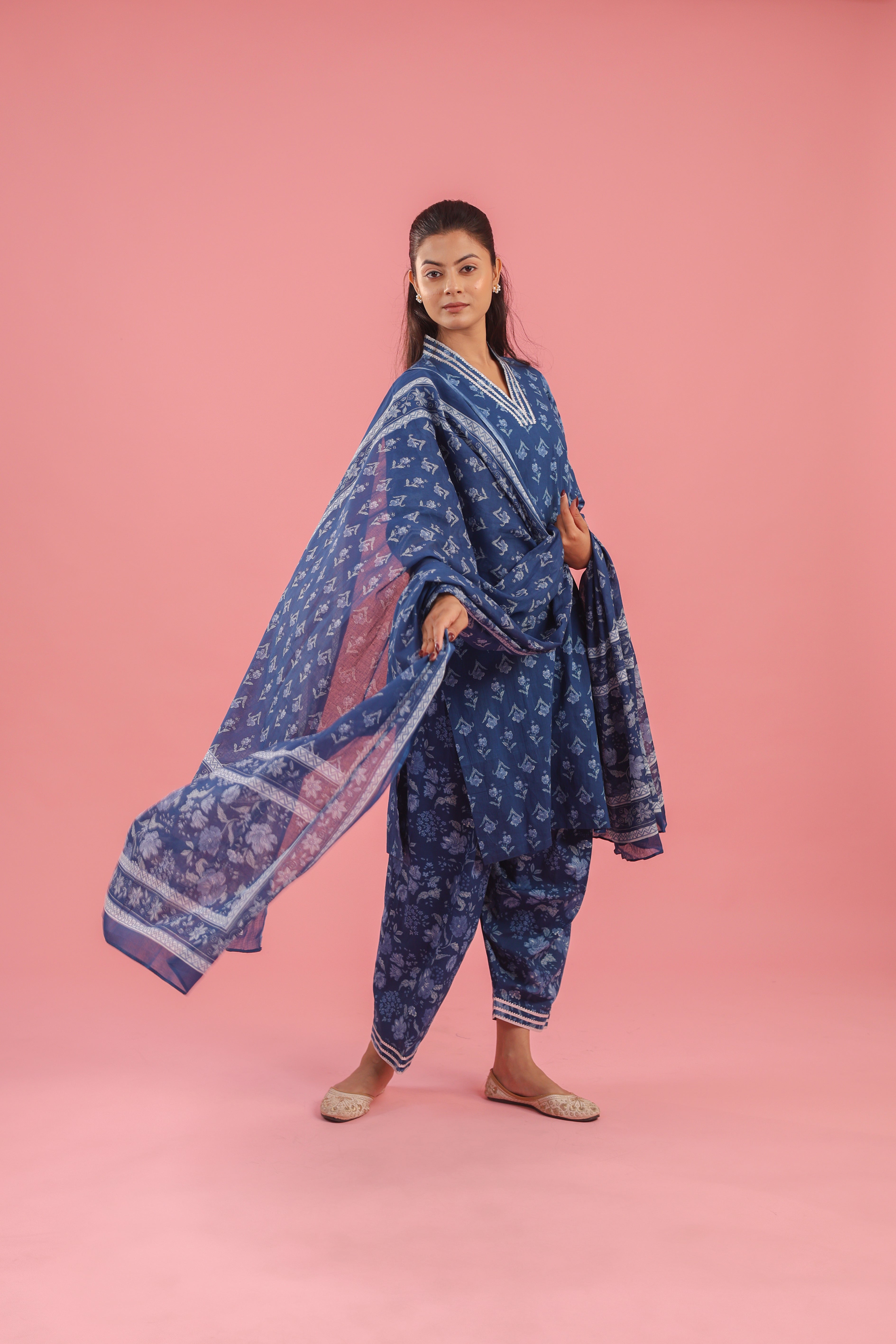 Blue Handblock Print Cotton Kurta Set With Dupatta