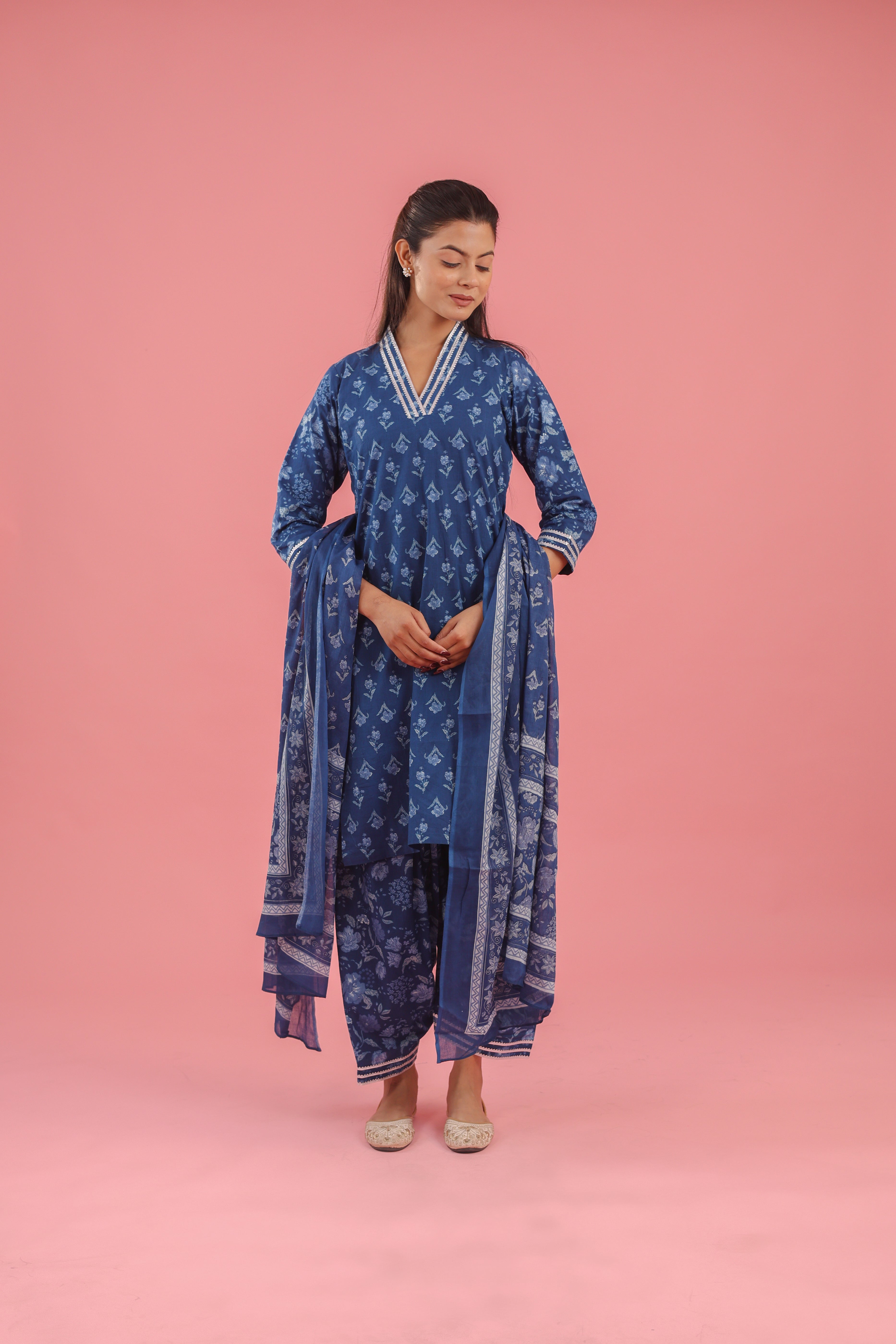 Blue Handblock Print Cotton Kurta Set With Dupatta