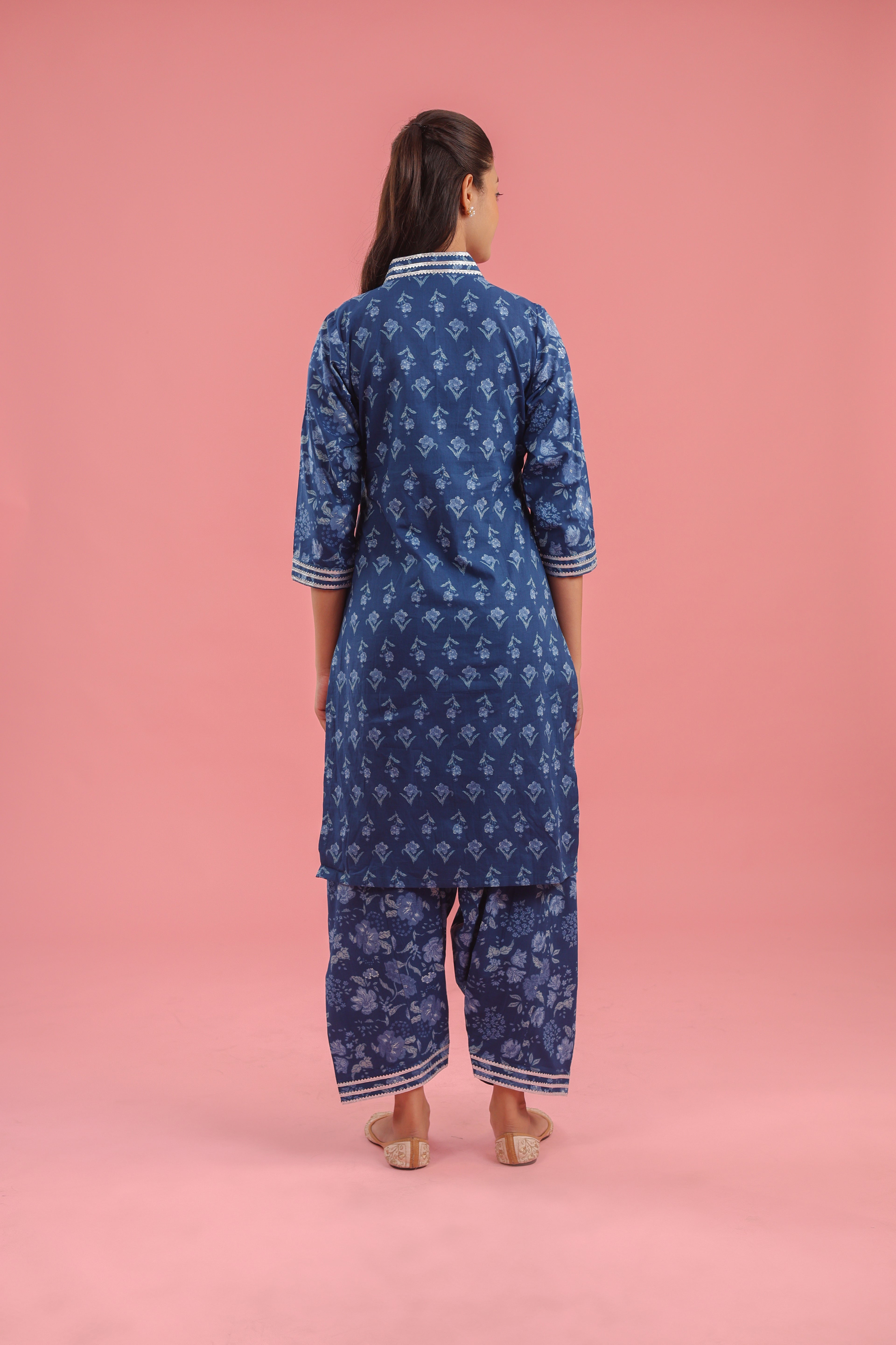 Blue Handblock Print Cotton Kurta Set With Dupatta