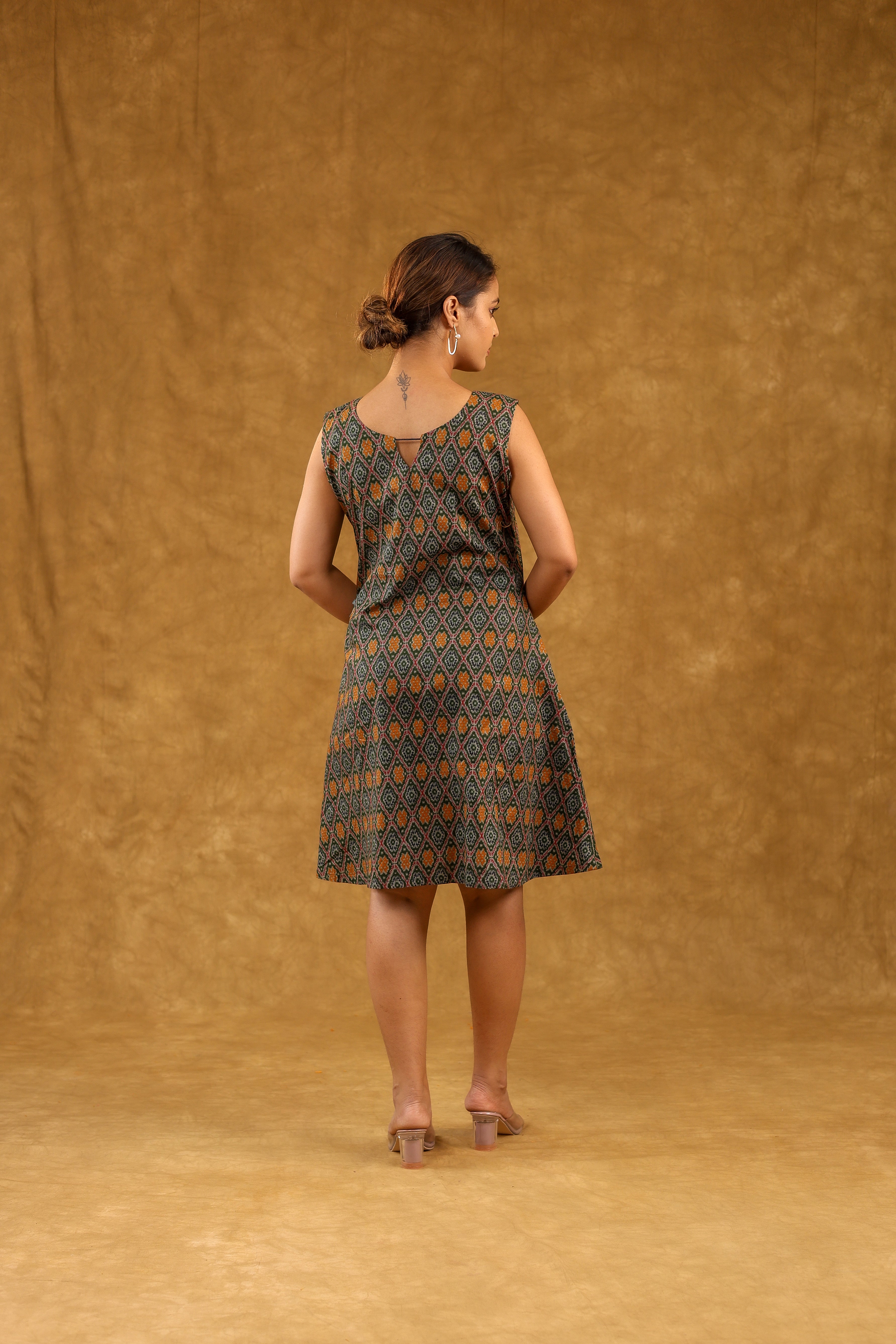 Green Ikkat Print Sleeveless Cotton Dress