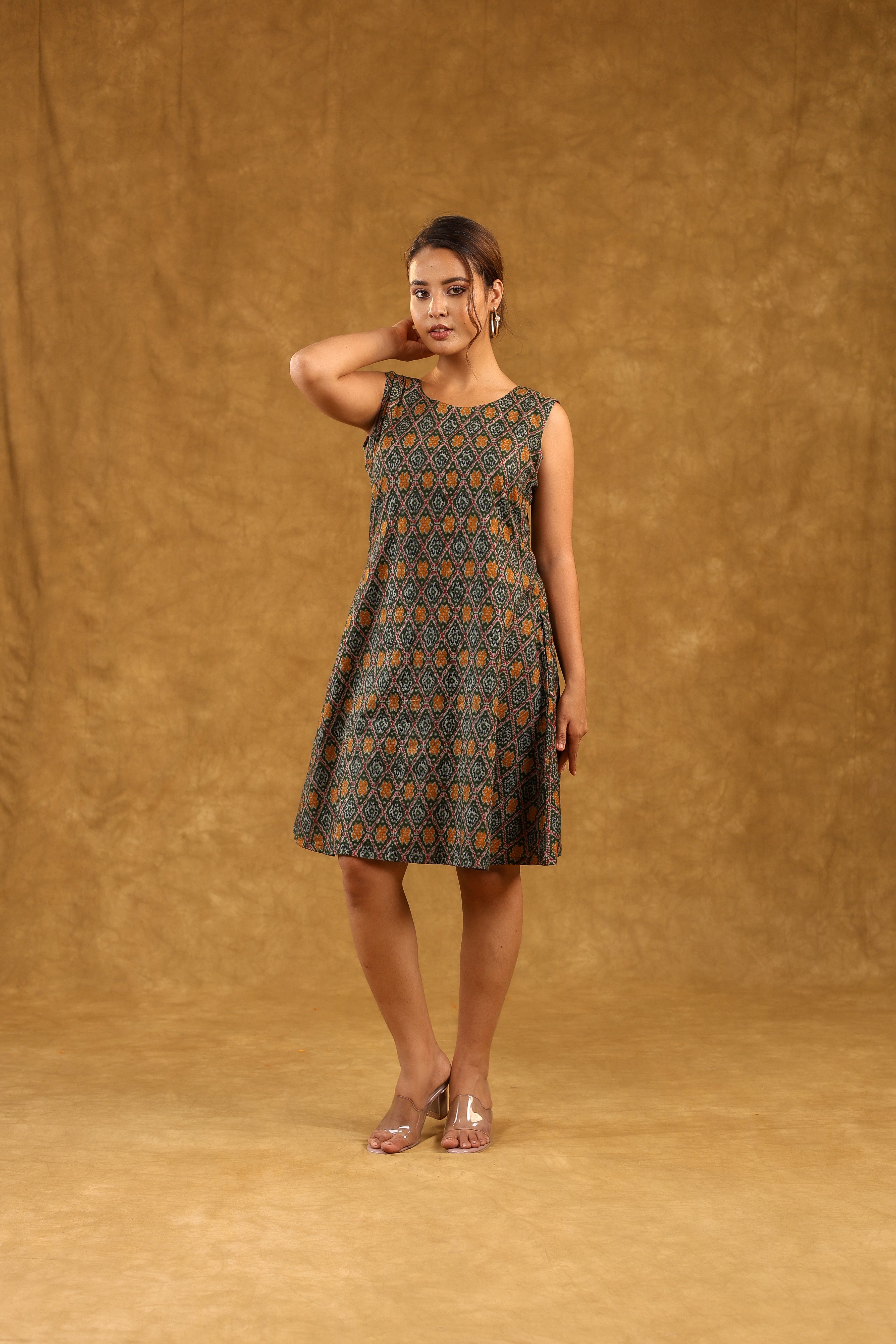 Green Ikkat Print Sleeveless Cotton Dress