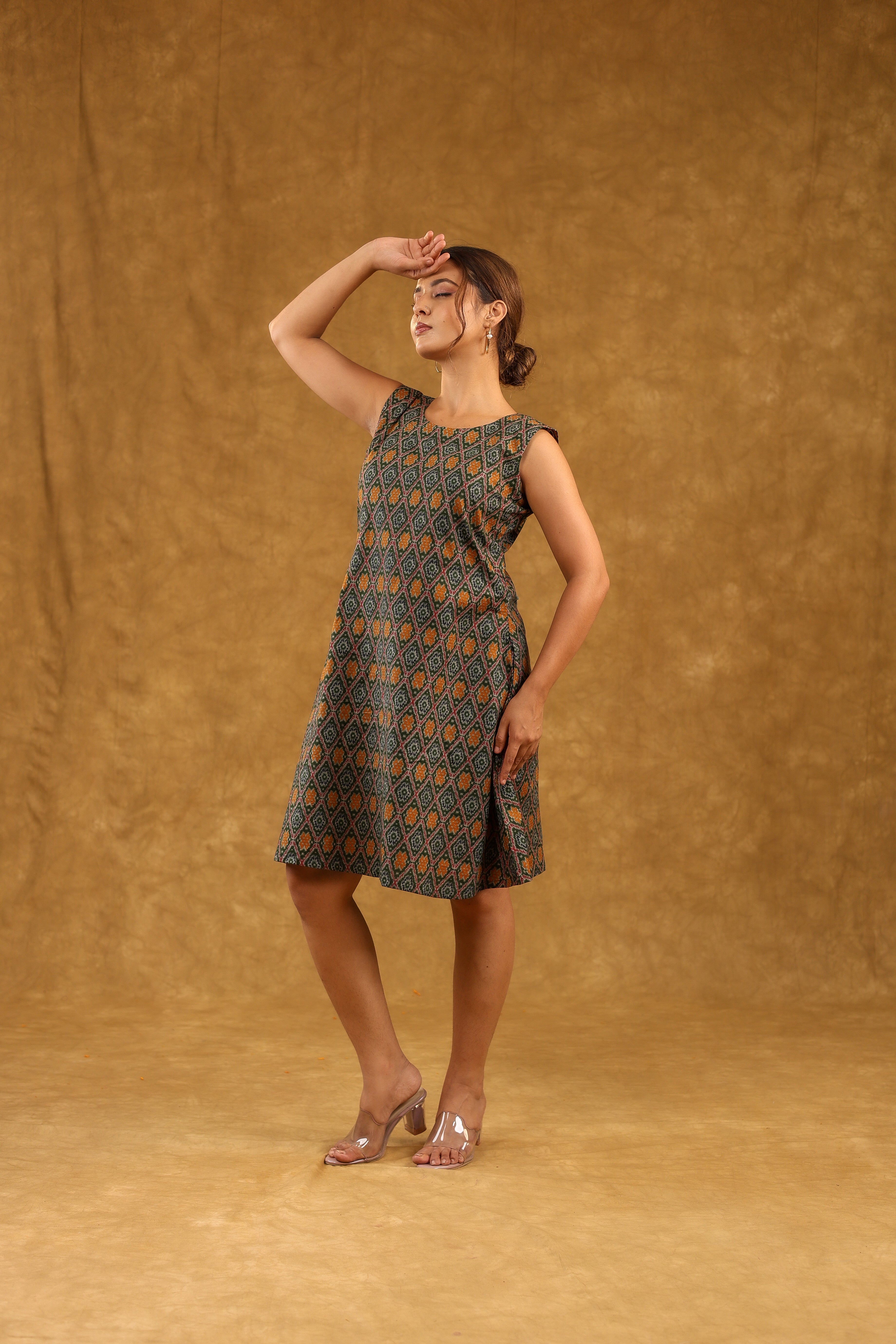 Green Ikkat Print Sleeveless Cotton Dress