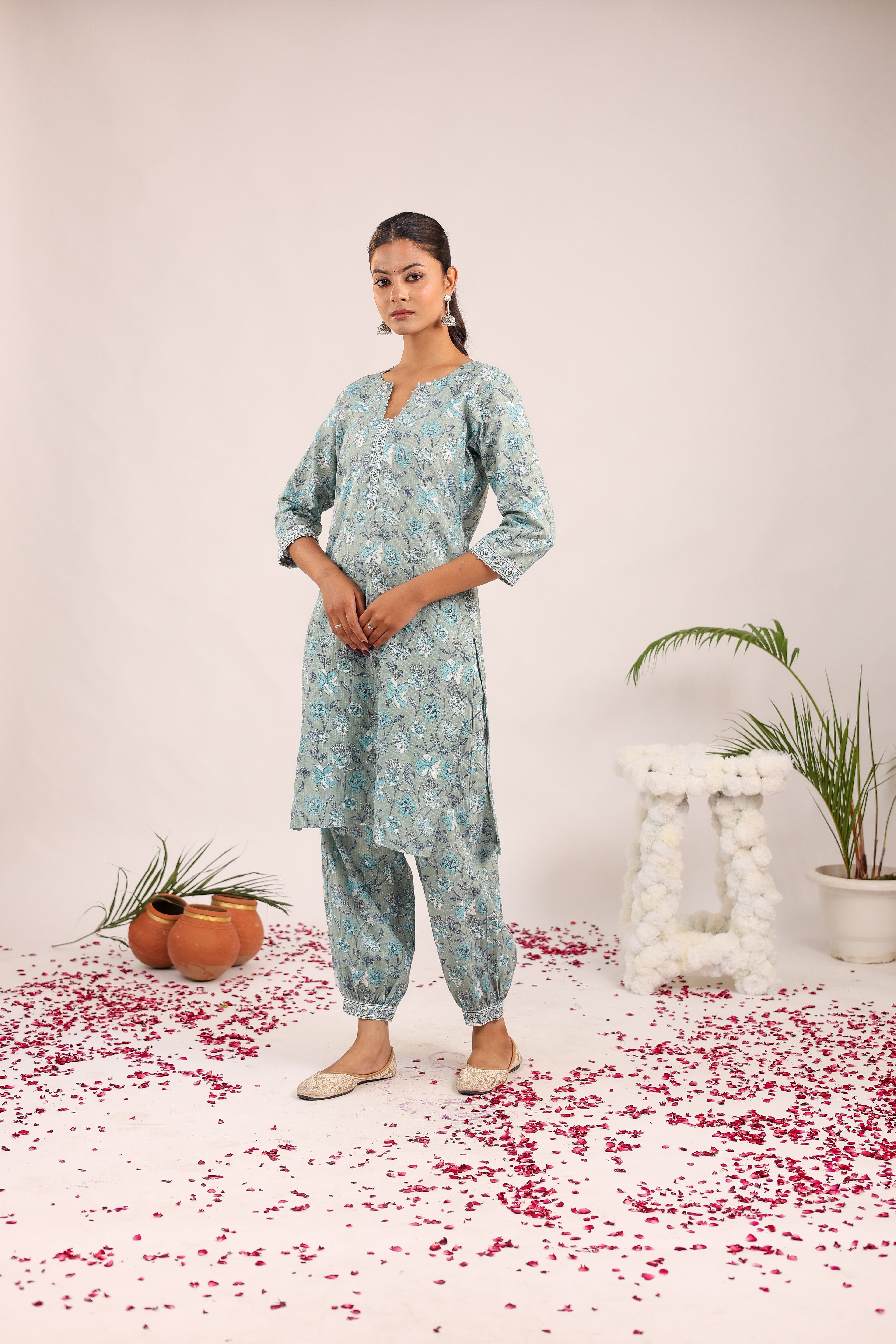 Pastel Grey Floral Printed Cotton Cord - Set