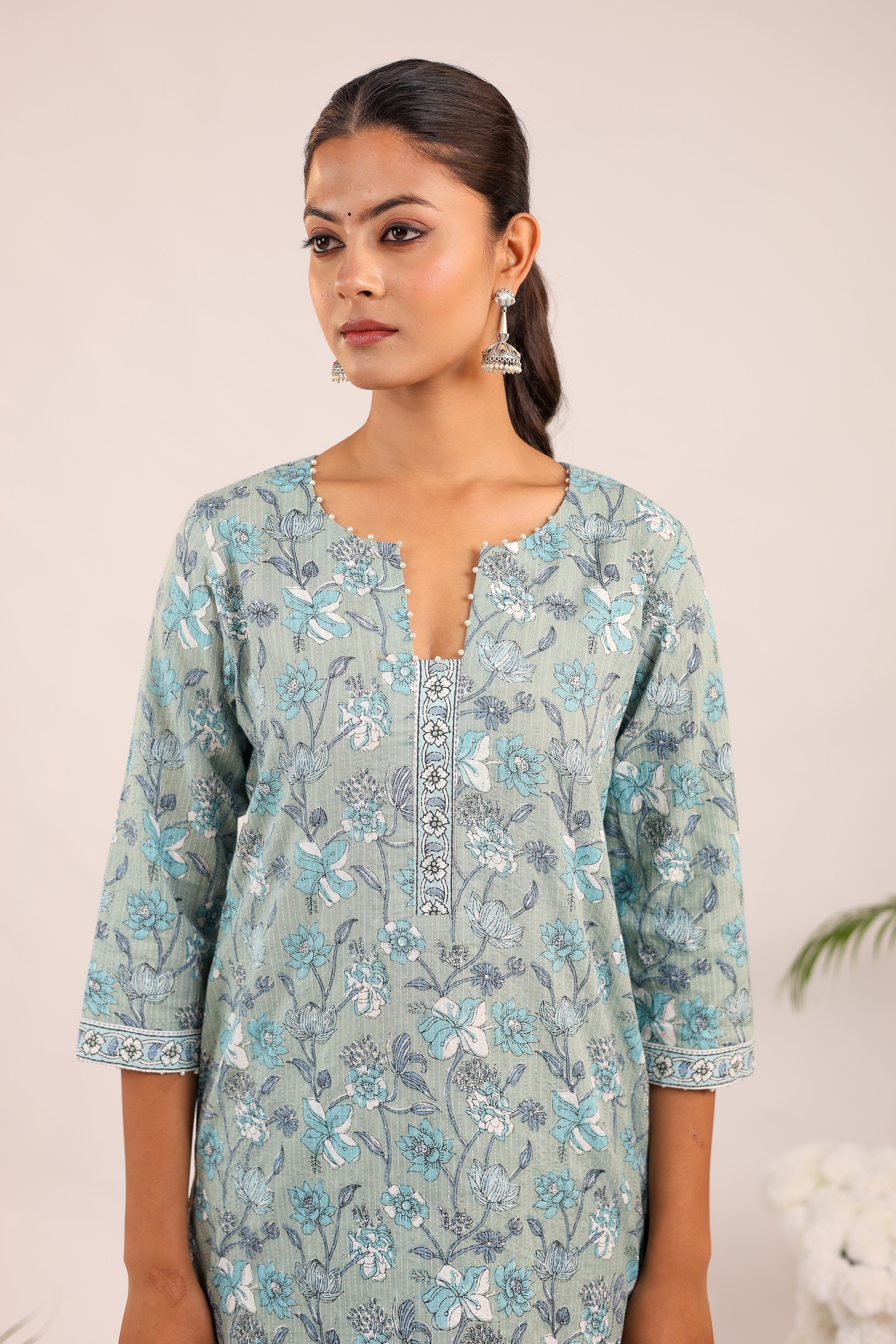 Pastel Grey Floral Printed Cotton Cord - Set