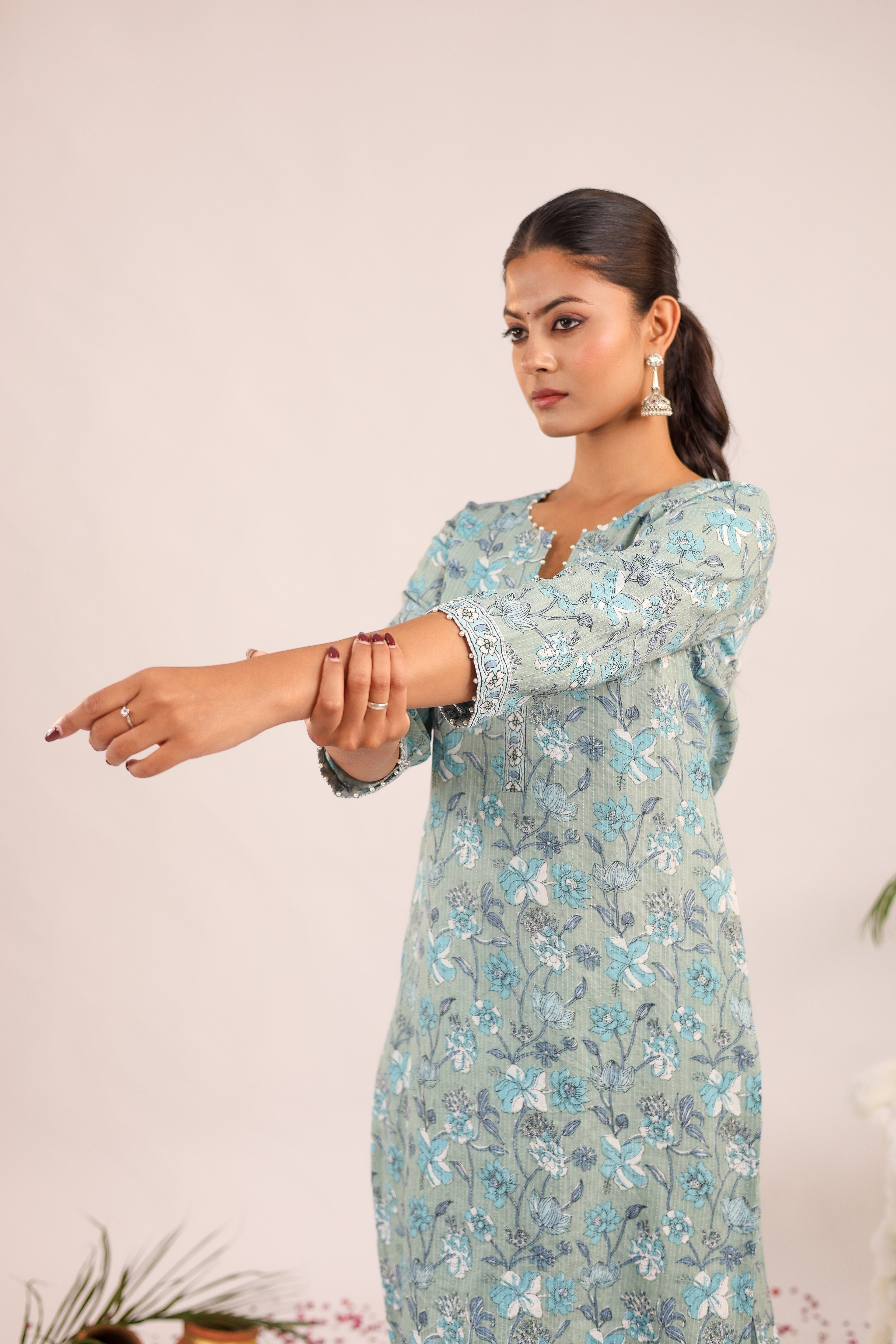 Pastel Grey Floral Printed Cotton Cord - Set