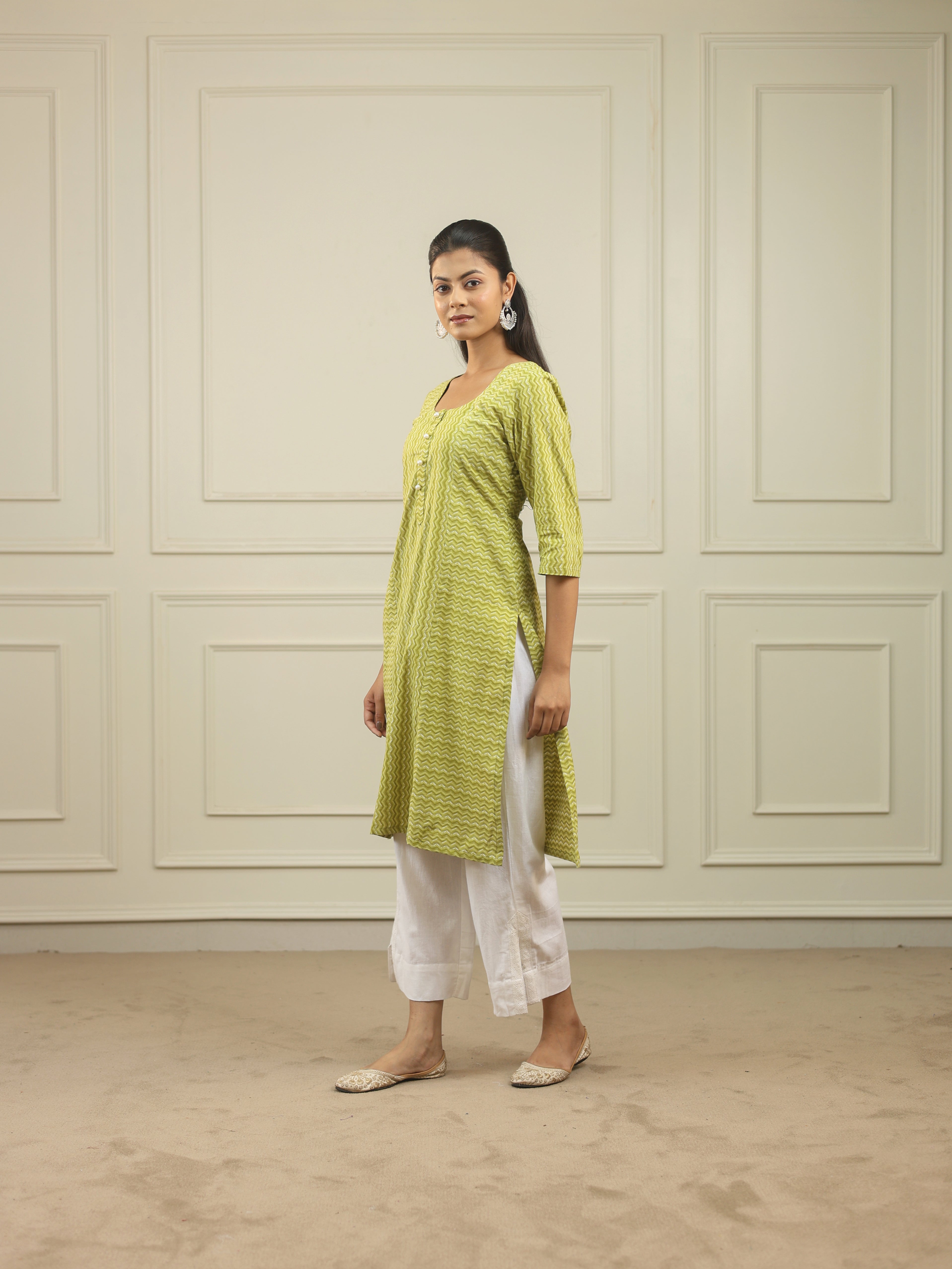 Lime Green Handblock Print Cotton Kurta with 3/4th Sleeves