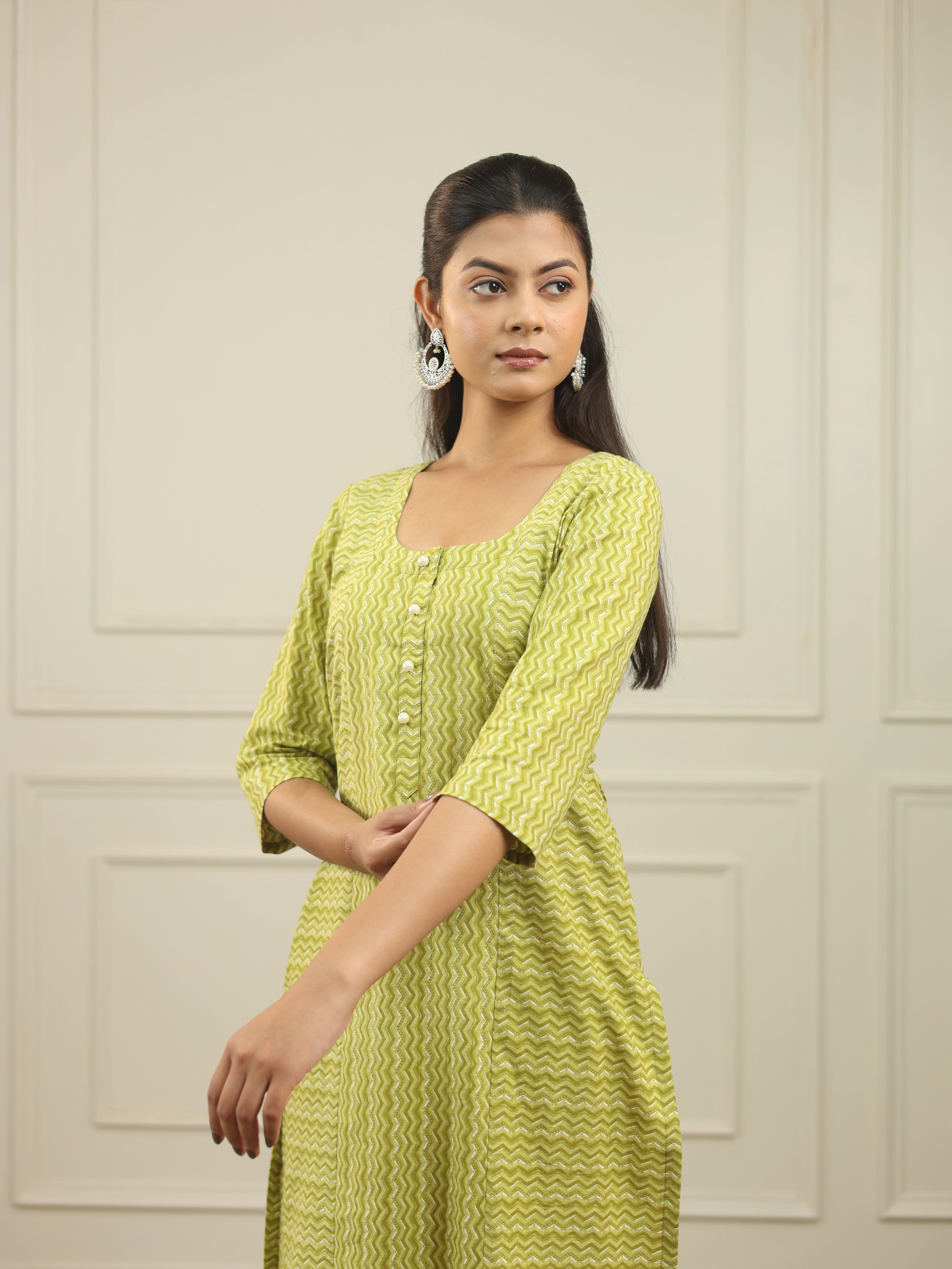 Lime Green Handblock Print Cotton Kurta with 3/4th Sleeves