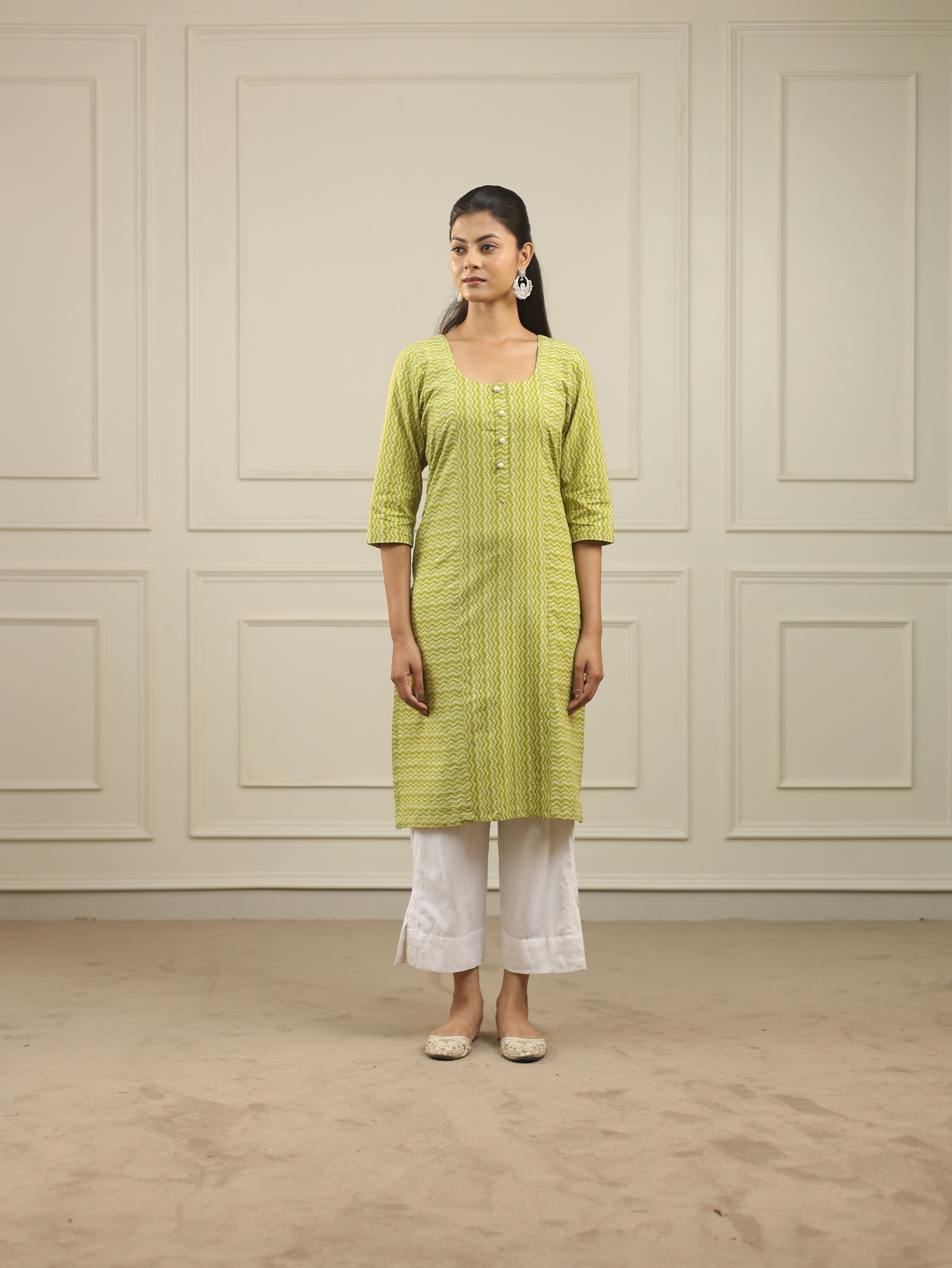 Lime Green Handblock Print Cotton Kurta with 3/4th Sleeves