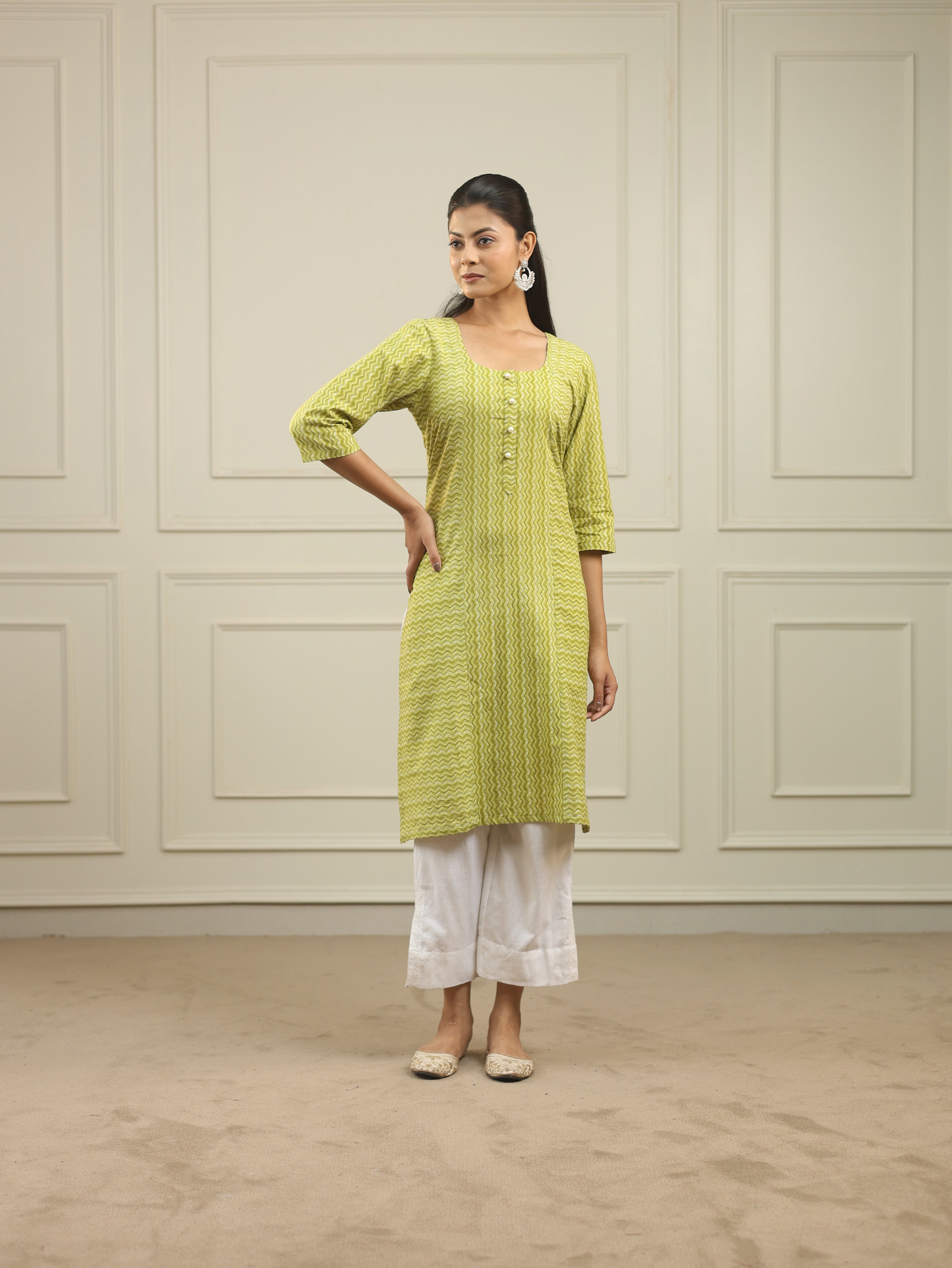 Lime Green Handblock Print Cotton Kurta with 3/4th Sleeves