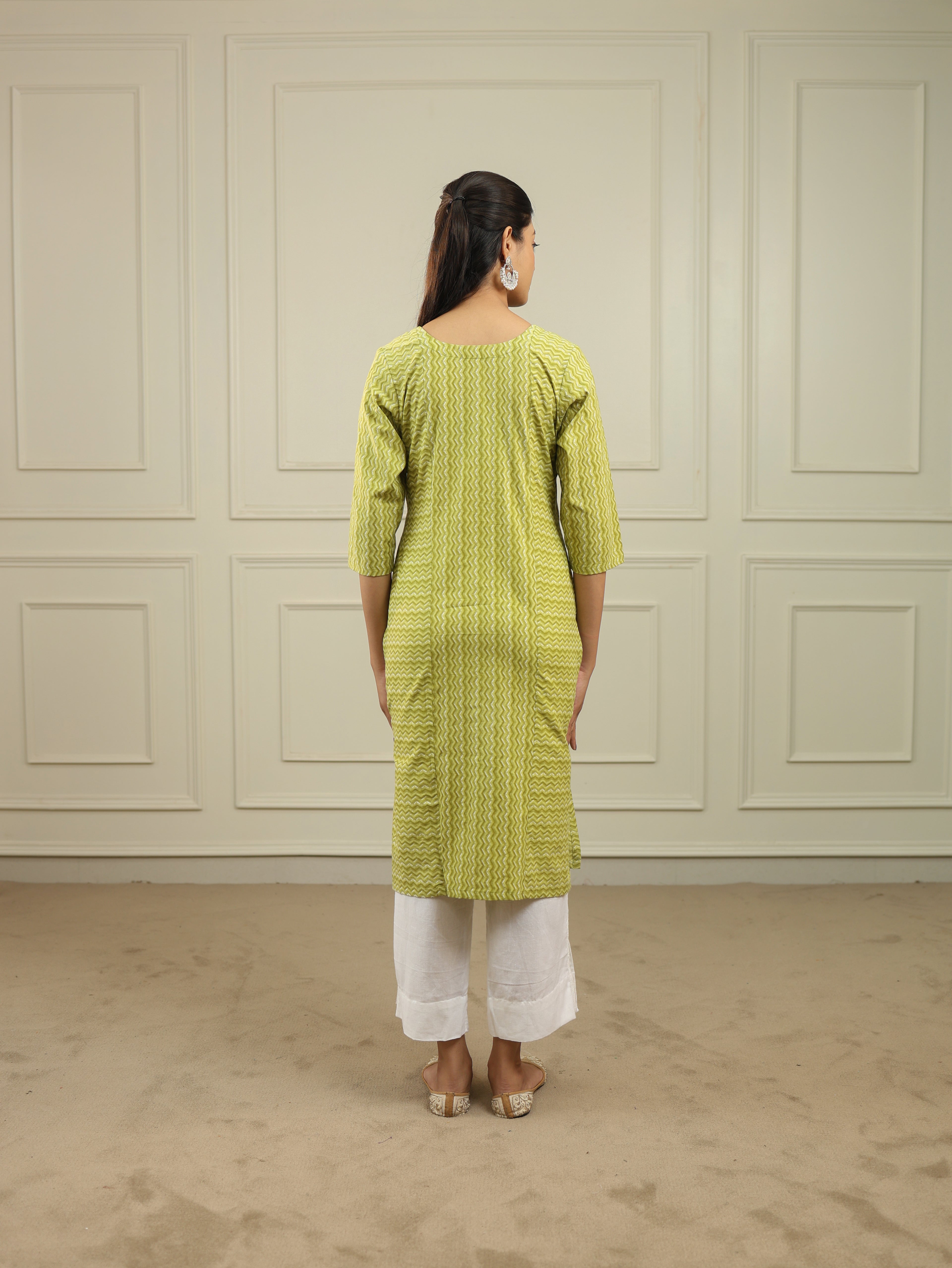 Lime Green Handblock Print Cotton Kurta with 3/4th Sleeves