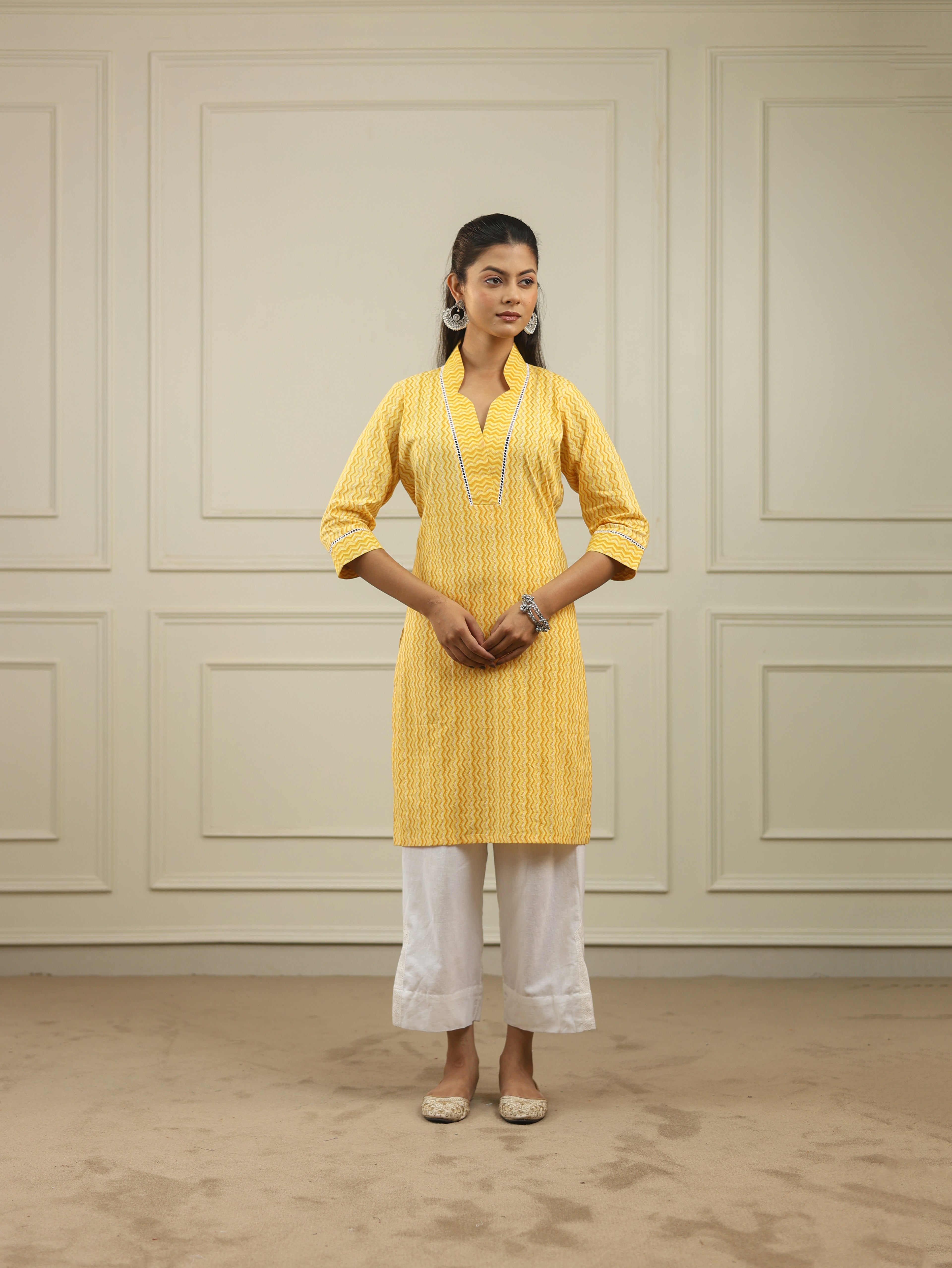 Sunshine Yellow Handblock Print Cotton Kurta with V-Neckline