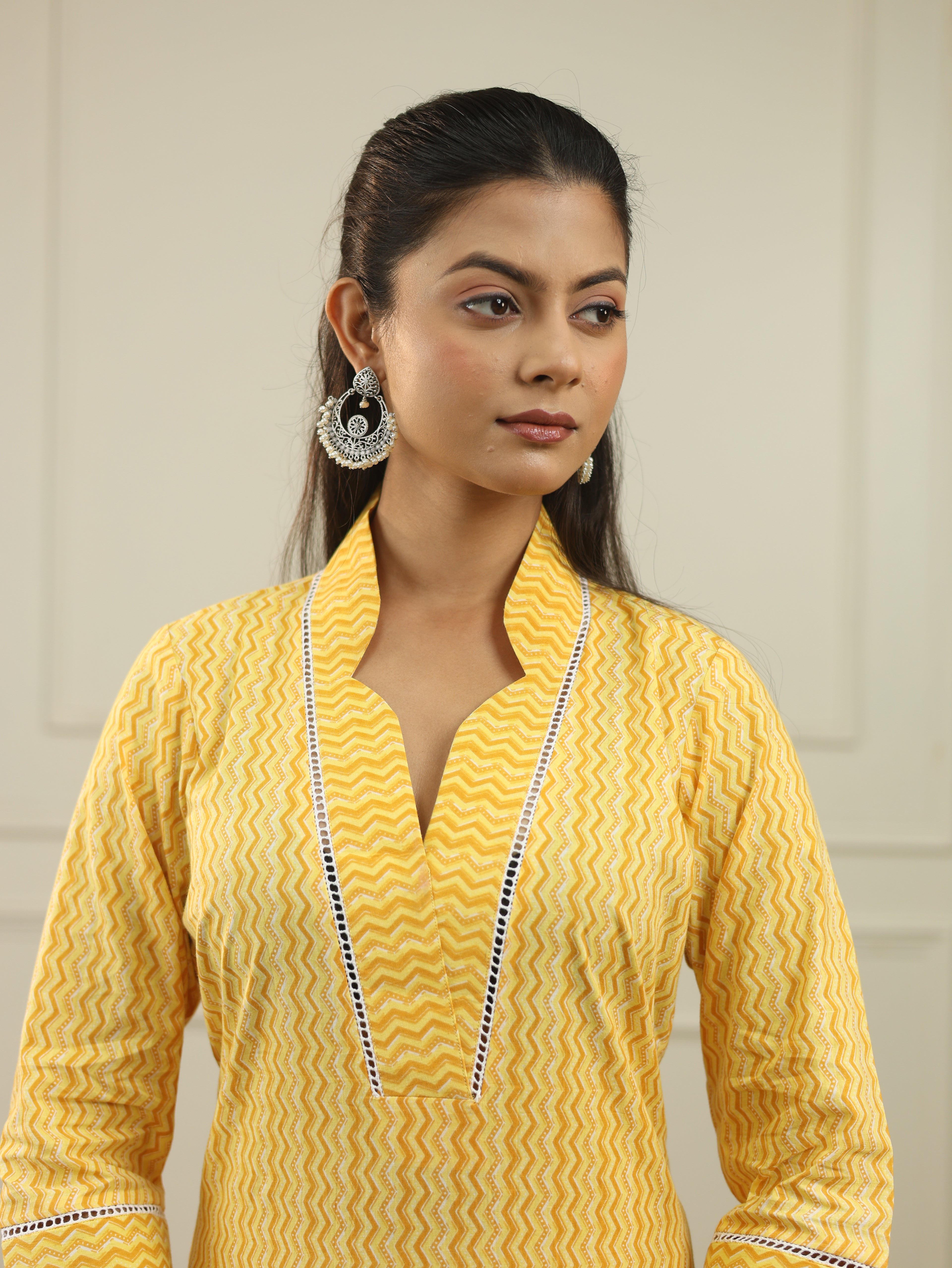 Sunshine Yellow Handblock Print Cotton Kurta with V-Neckline