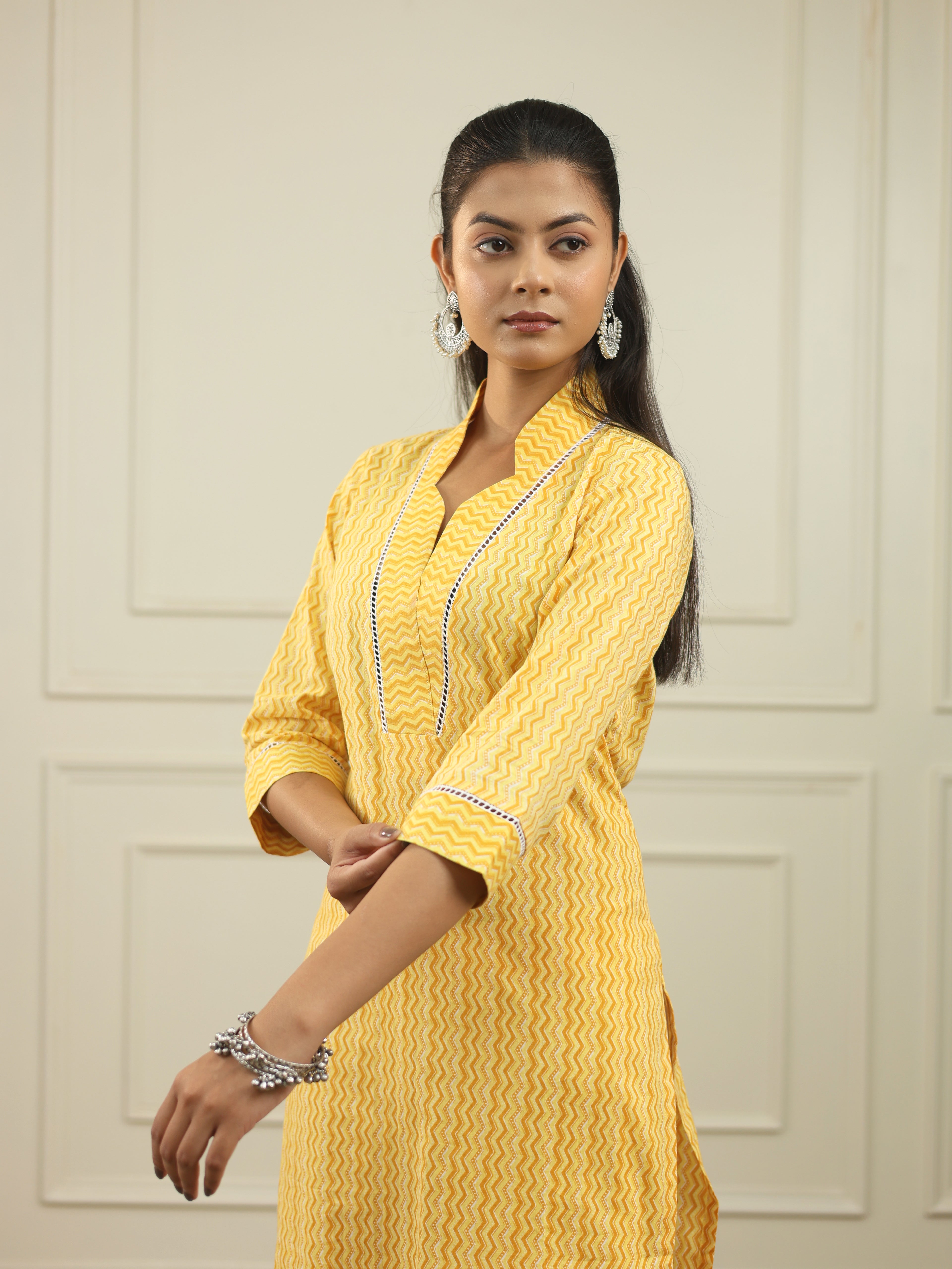 Sunshine Yellow Handblock Print Cotton Kurta with V-Neckline