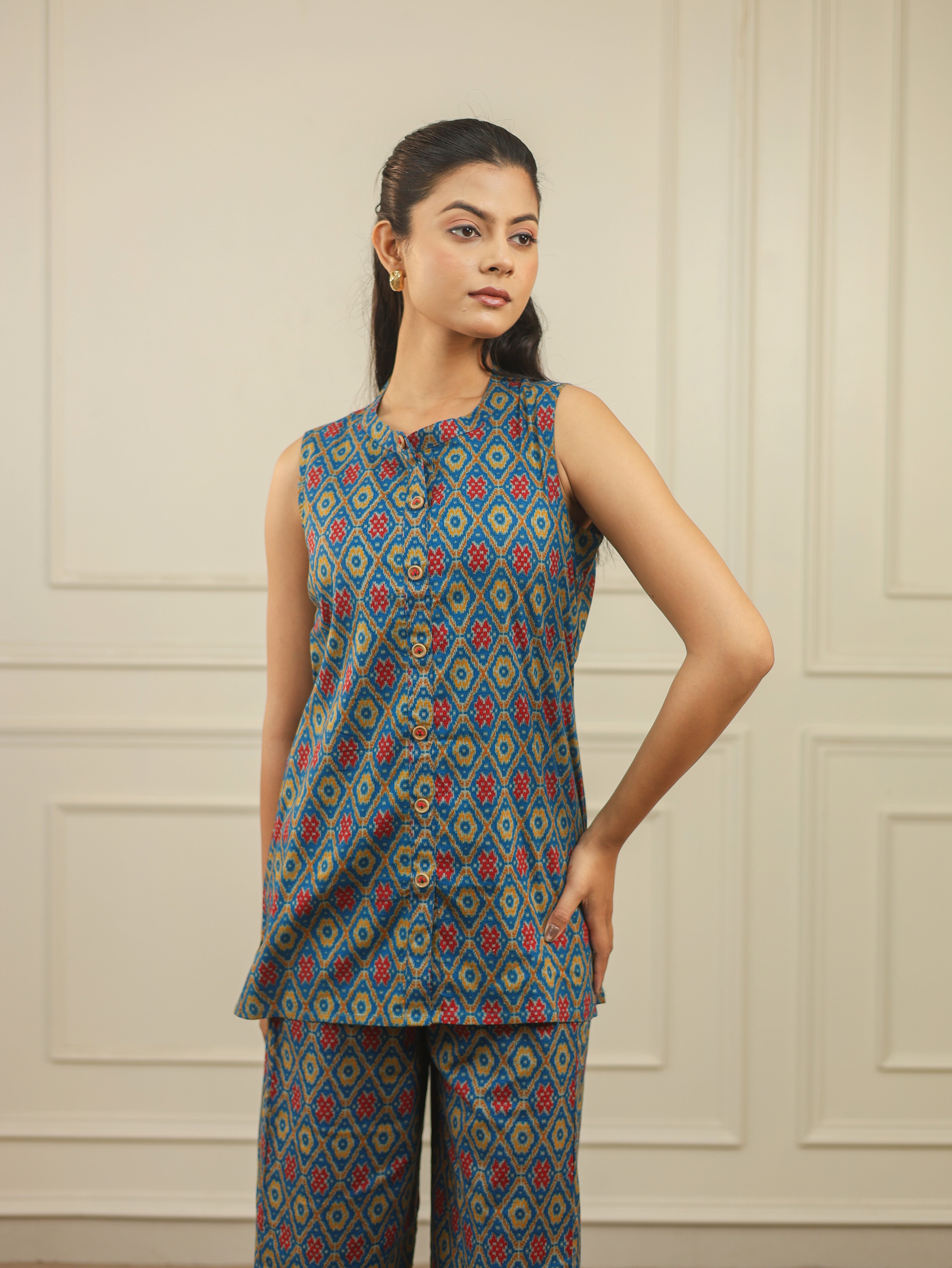 Blue Ikkat Print Cotton Sleeveless Co-Ord Set