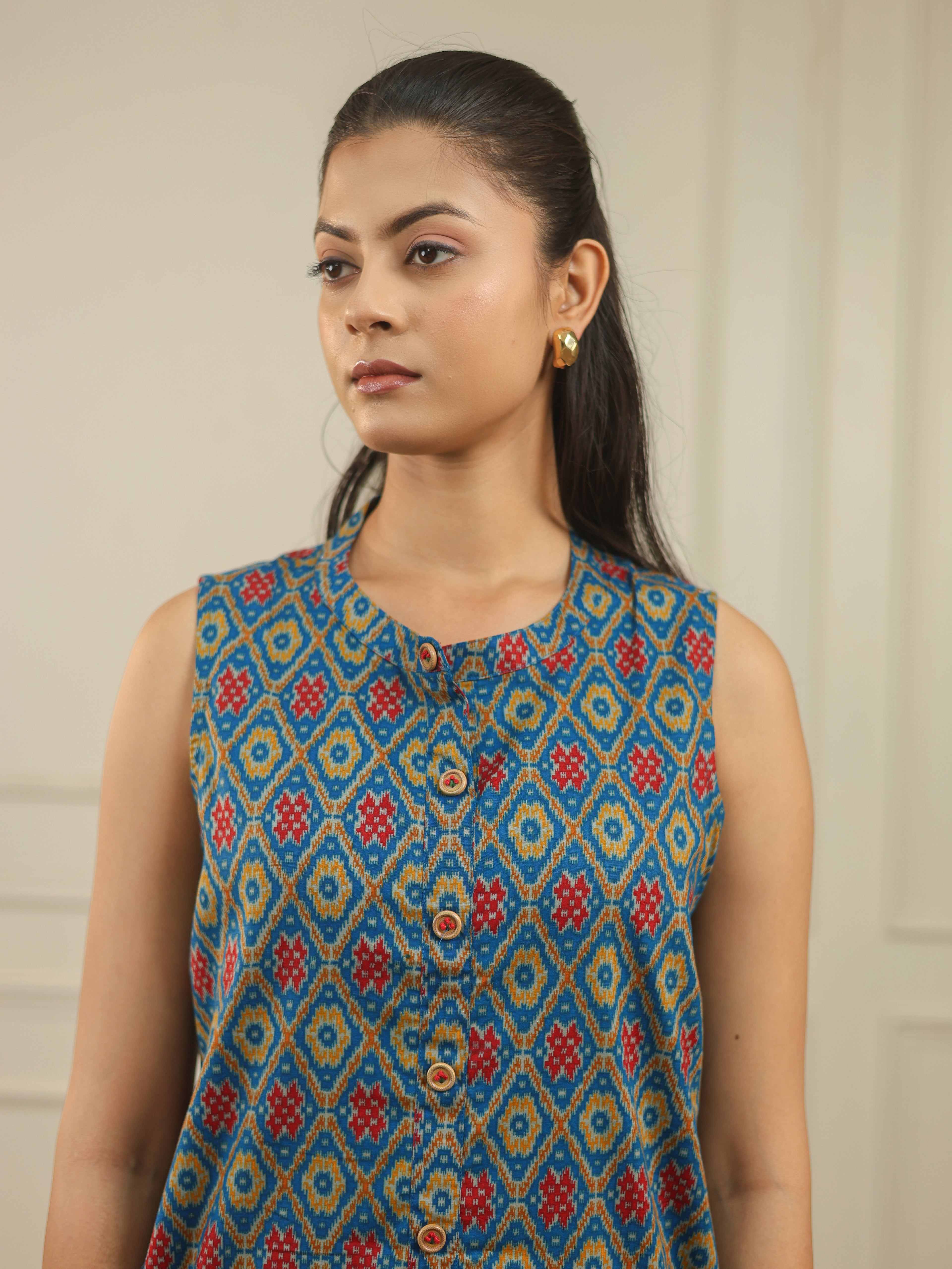 Blue Ikkat Print Cotton Sleeveless Co-Ord Set