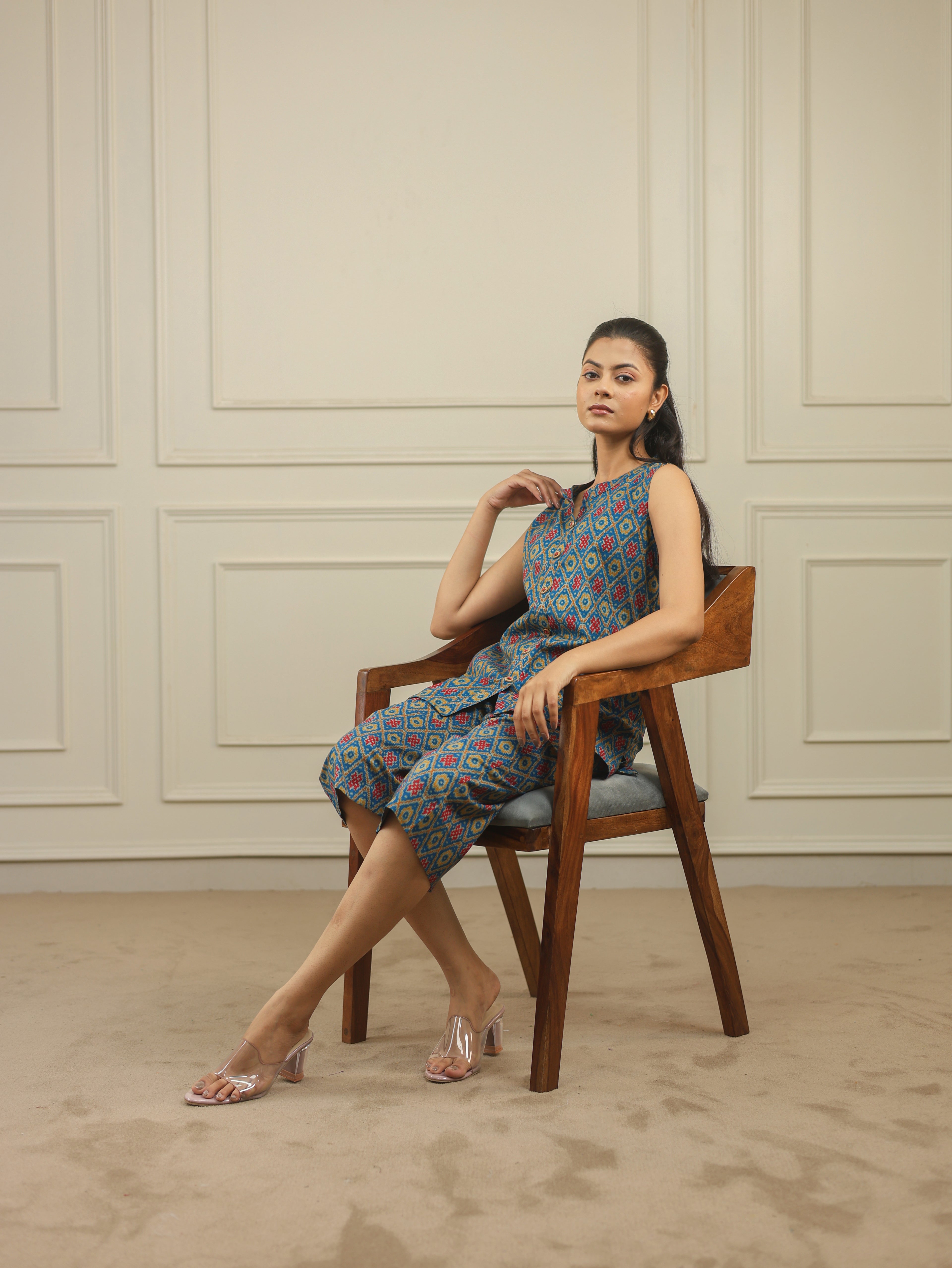 Blue Ikkat Print Cotton Sleeveless Co-Ord Set