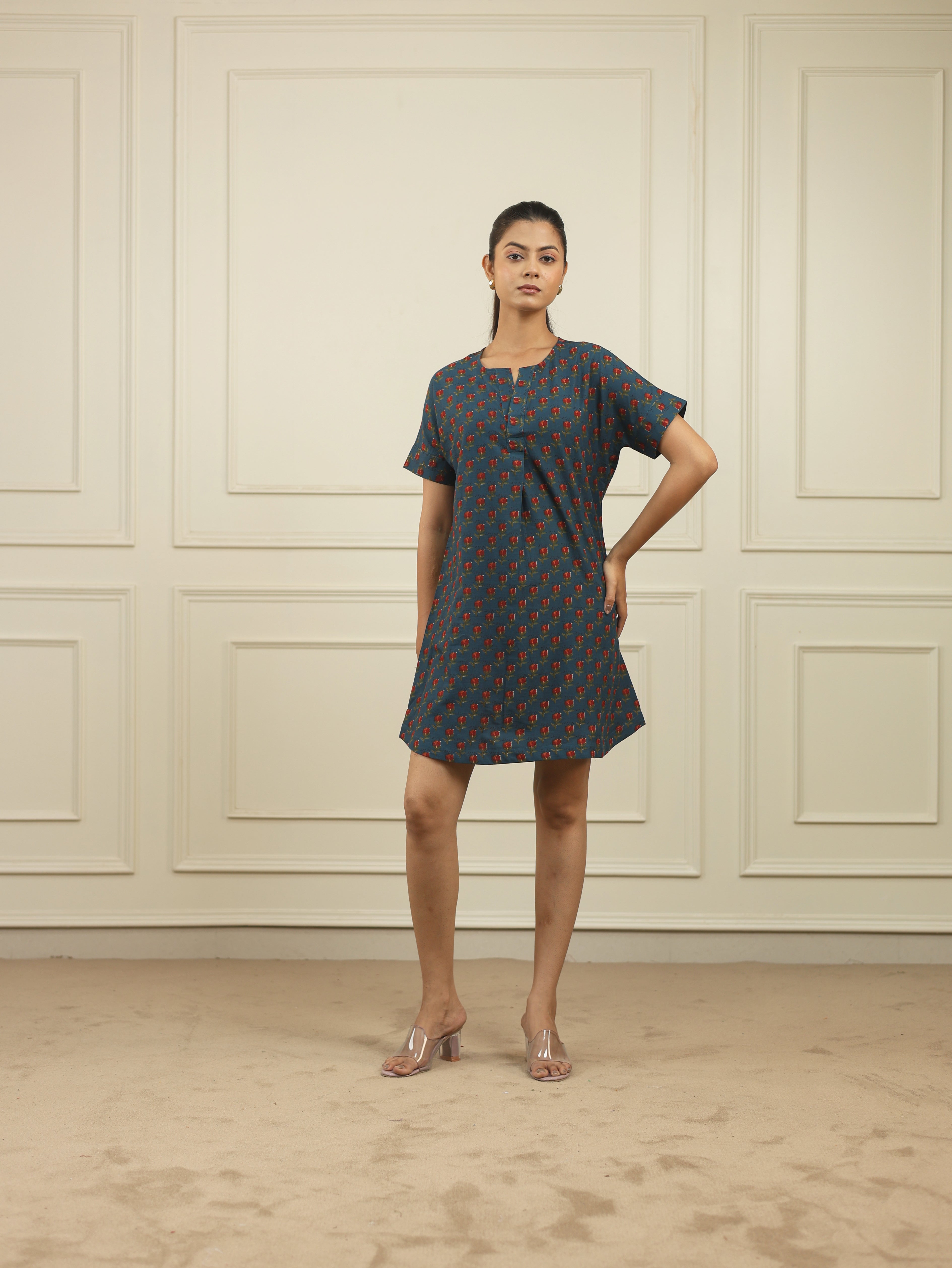Blue Floral Handblock Print Cotton Dress