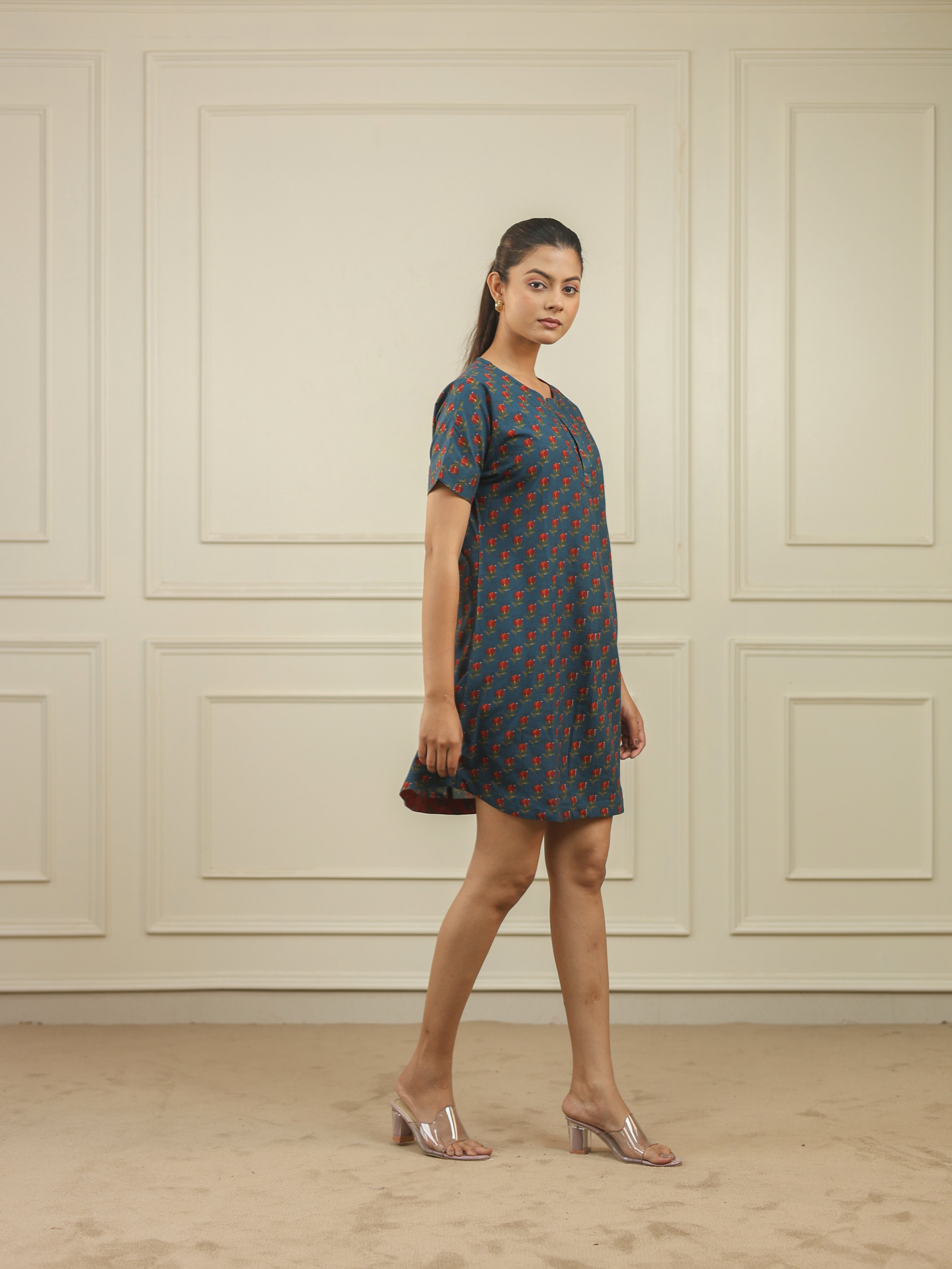 Blue Floral Handblock Print Cotton Dress