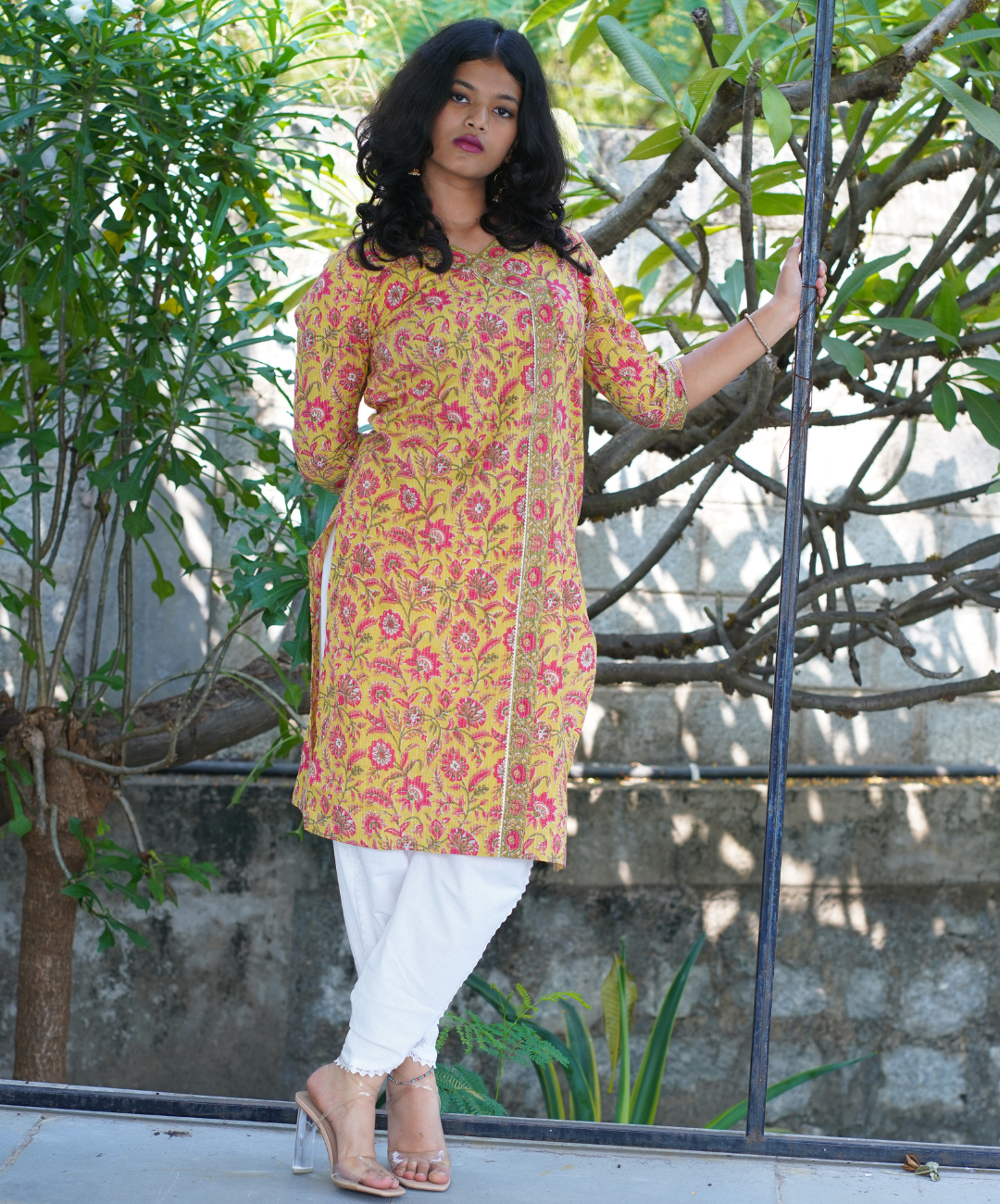 Yellow Long Kurta Set With White Palazzo