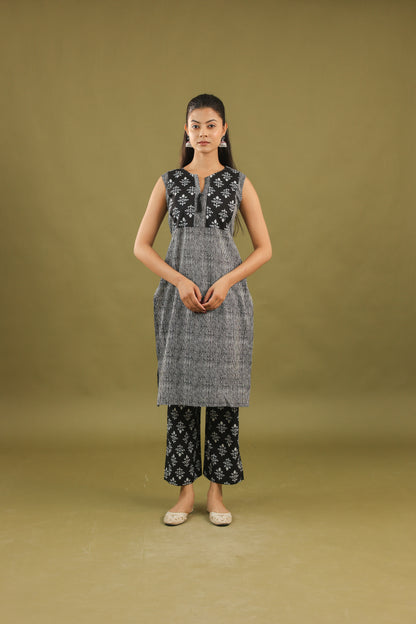 Black &amp; White Block Print Kurta Set With Striped Dupatta