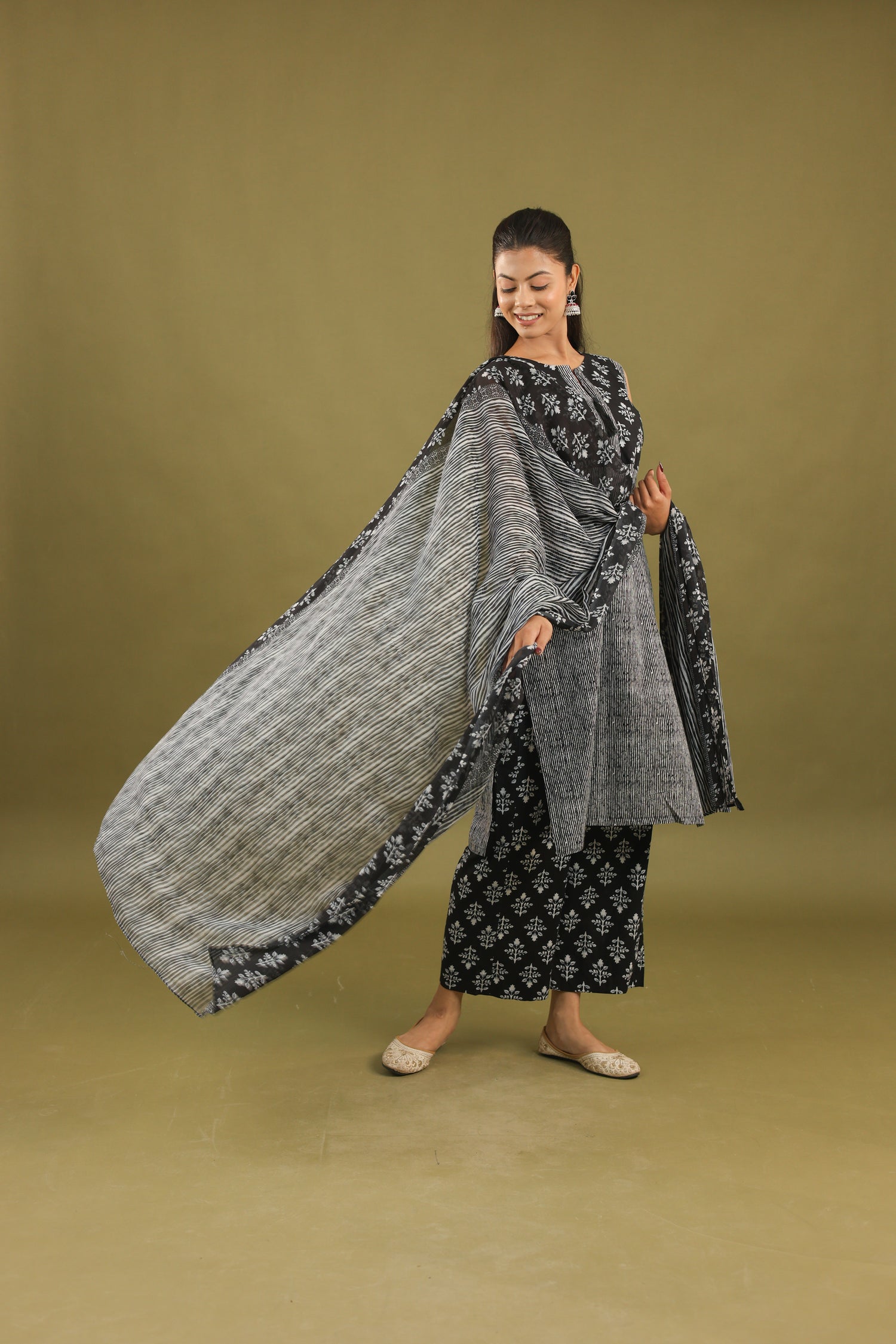 Black &amp; White Block Print Kurta Set With Striped Dupatta