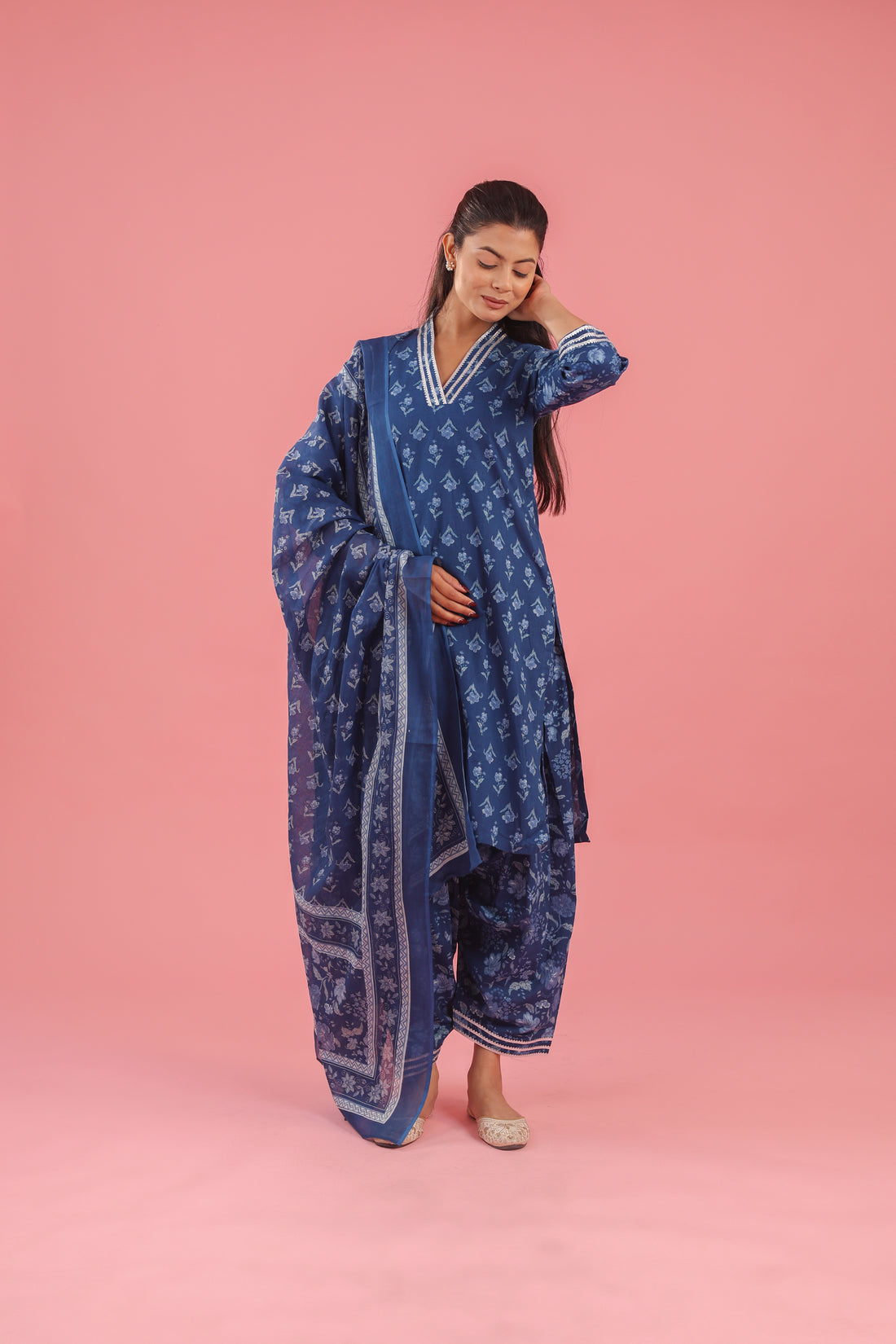 Blue Handblock Print Cotton Kurta Set With Dupatta