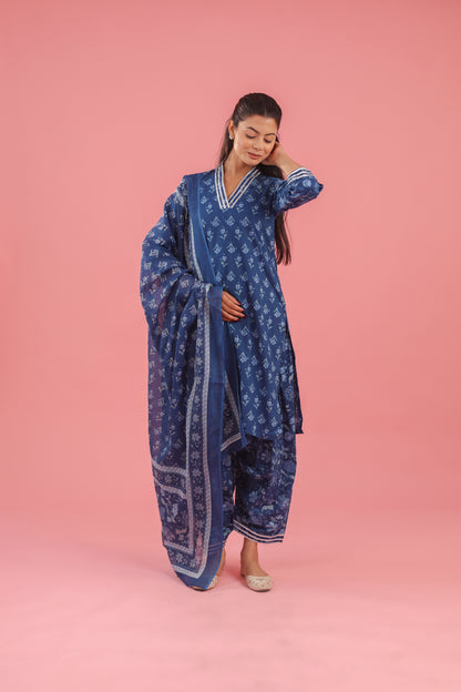 Blue Handblock Print Cotton Kurta Set With Dupatta