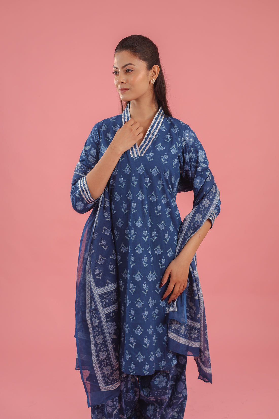 Blue Handblock Print Cotton Kurta Set With Dupatta
