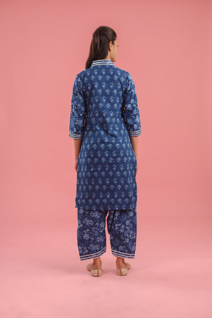 Blue Handblock Print Cotton Kurta Set With Dupatta