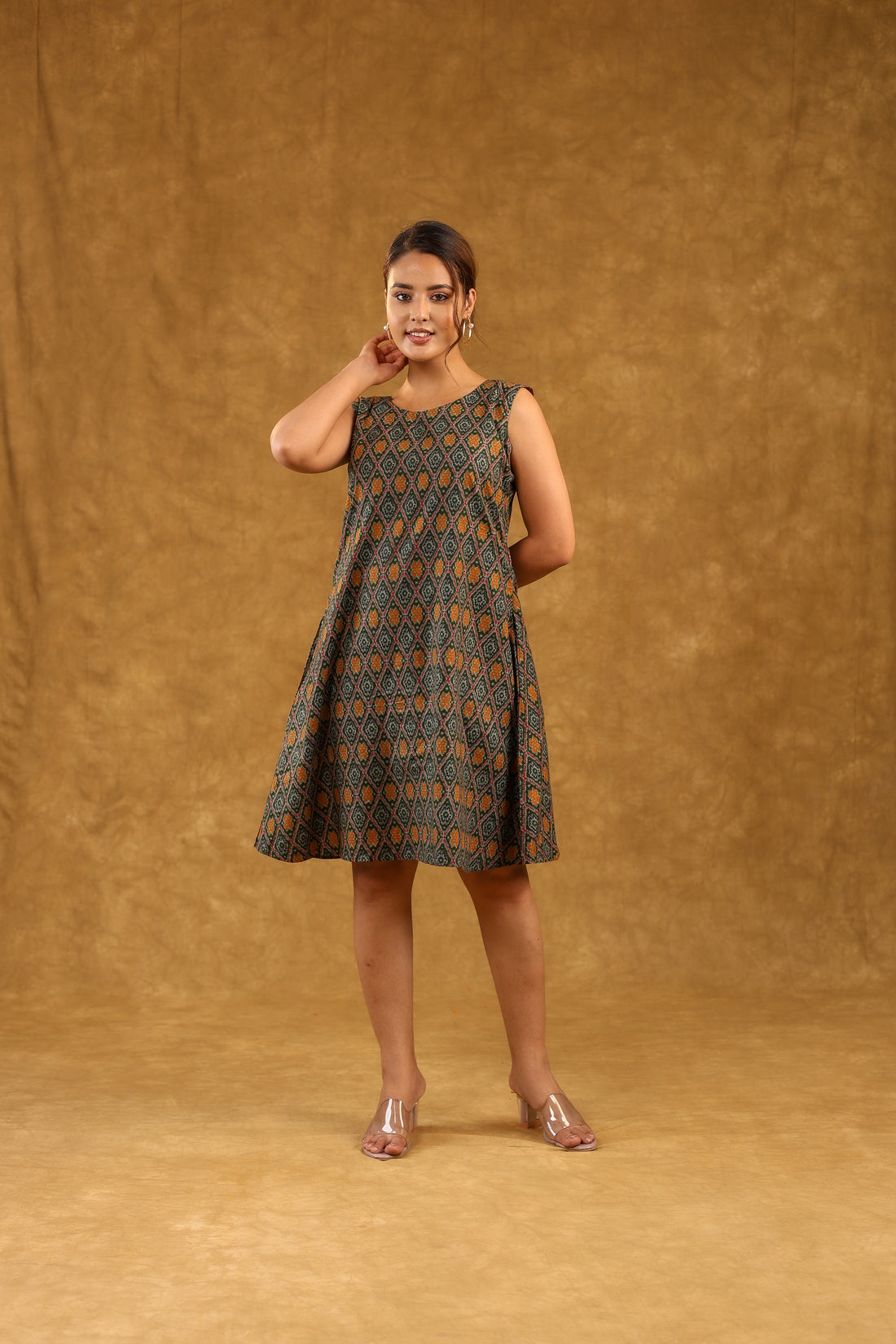 Green Ikkat Print Sleeveless Cotton Dress