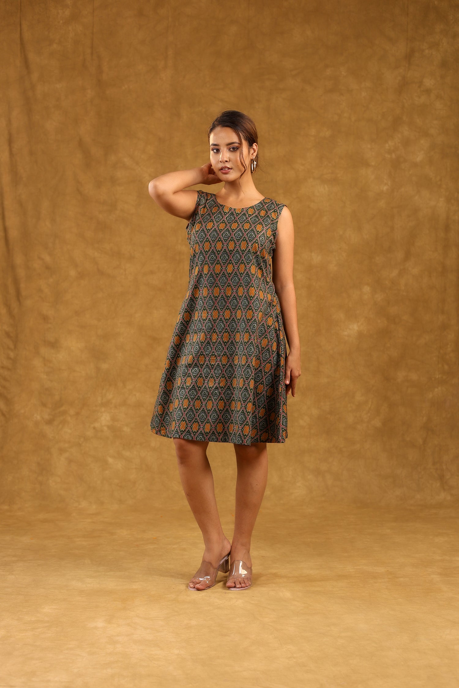 Green Ikkat Print Sleeveless Cotton Dress