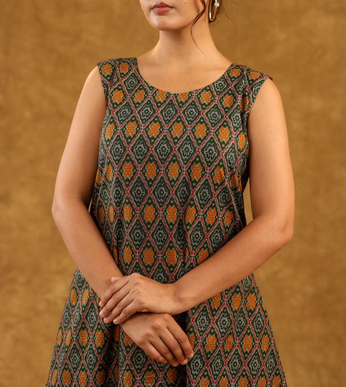 Green Ikkat Print Sleeveless Cotton Dress