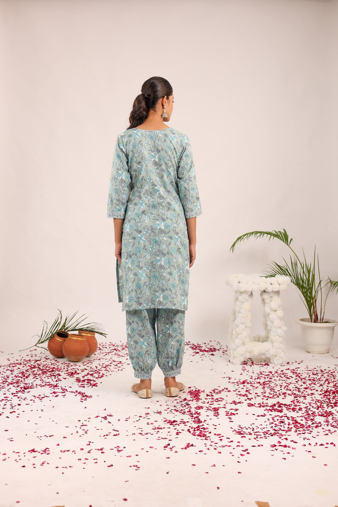 Pastel Grey Floral Printed Cotton Cord - Set