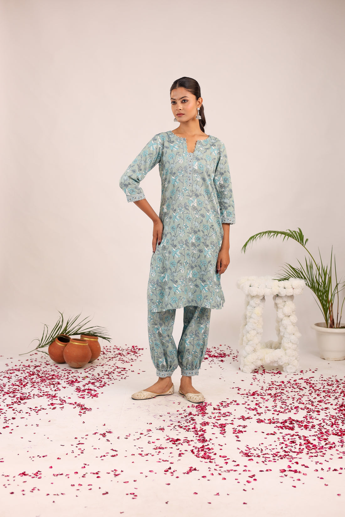 Pastel Grey Floral Printed Cotton Cord - Set