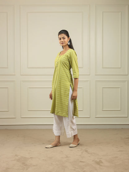 Lime Green Handblock Print Cotton Kurta with 3/4th Sleeves