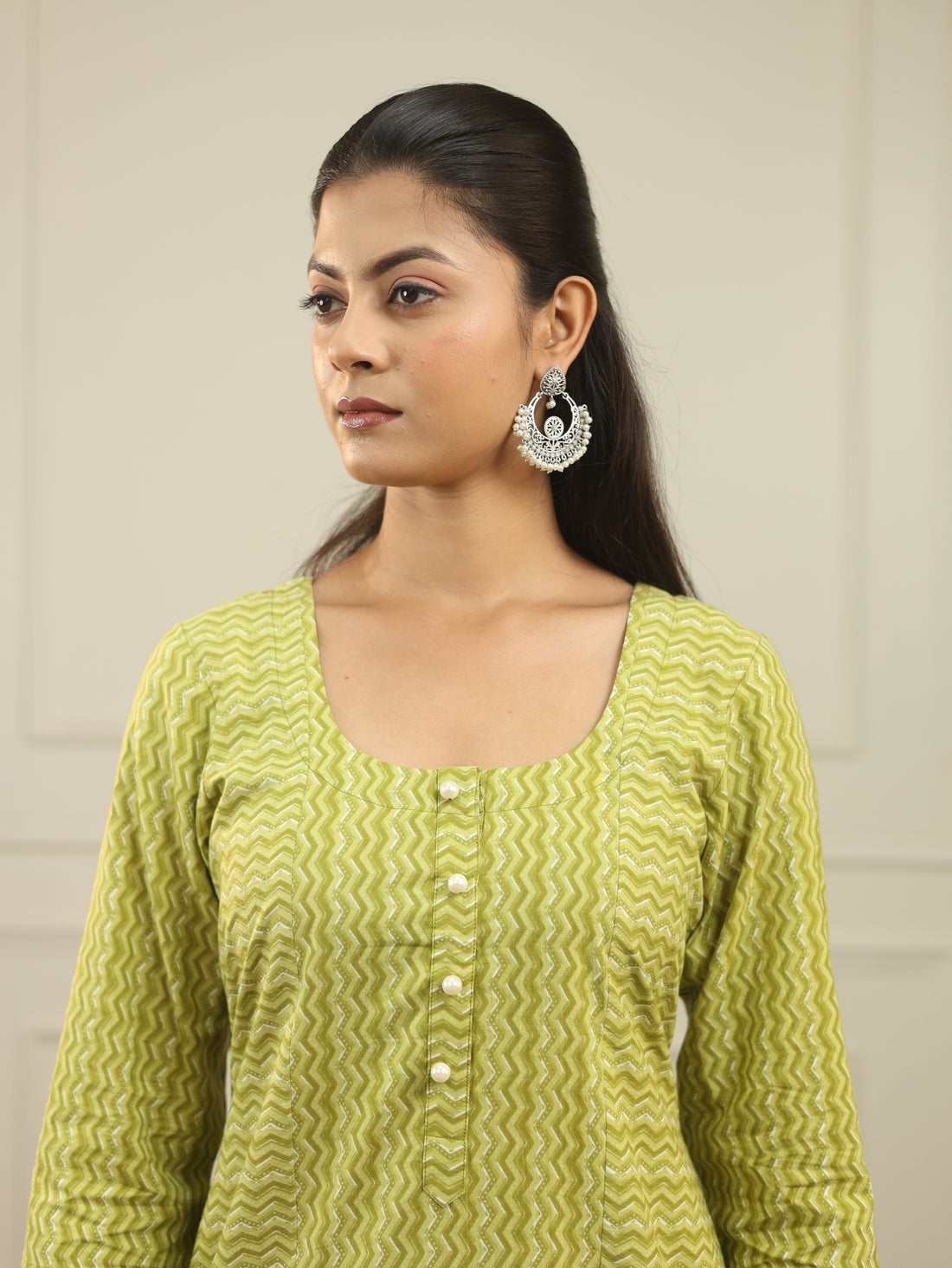 Lime Green Handblock Print Cotton Kurta with 3/4th Sleeves