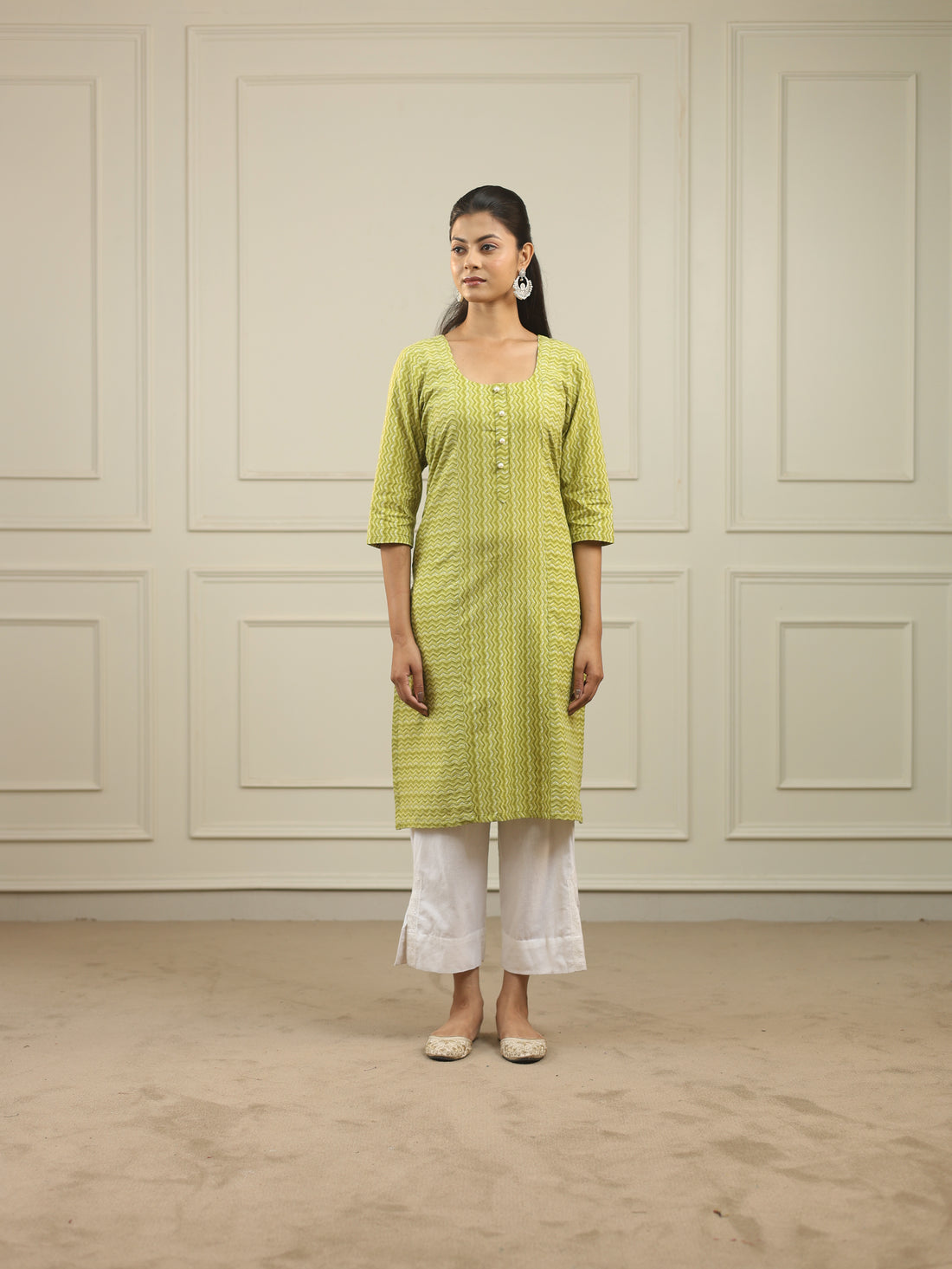 Lime Green Handblock Print Cotton Kurta with 3/4th Sleeves