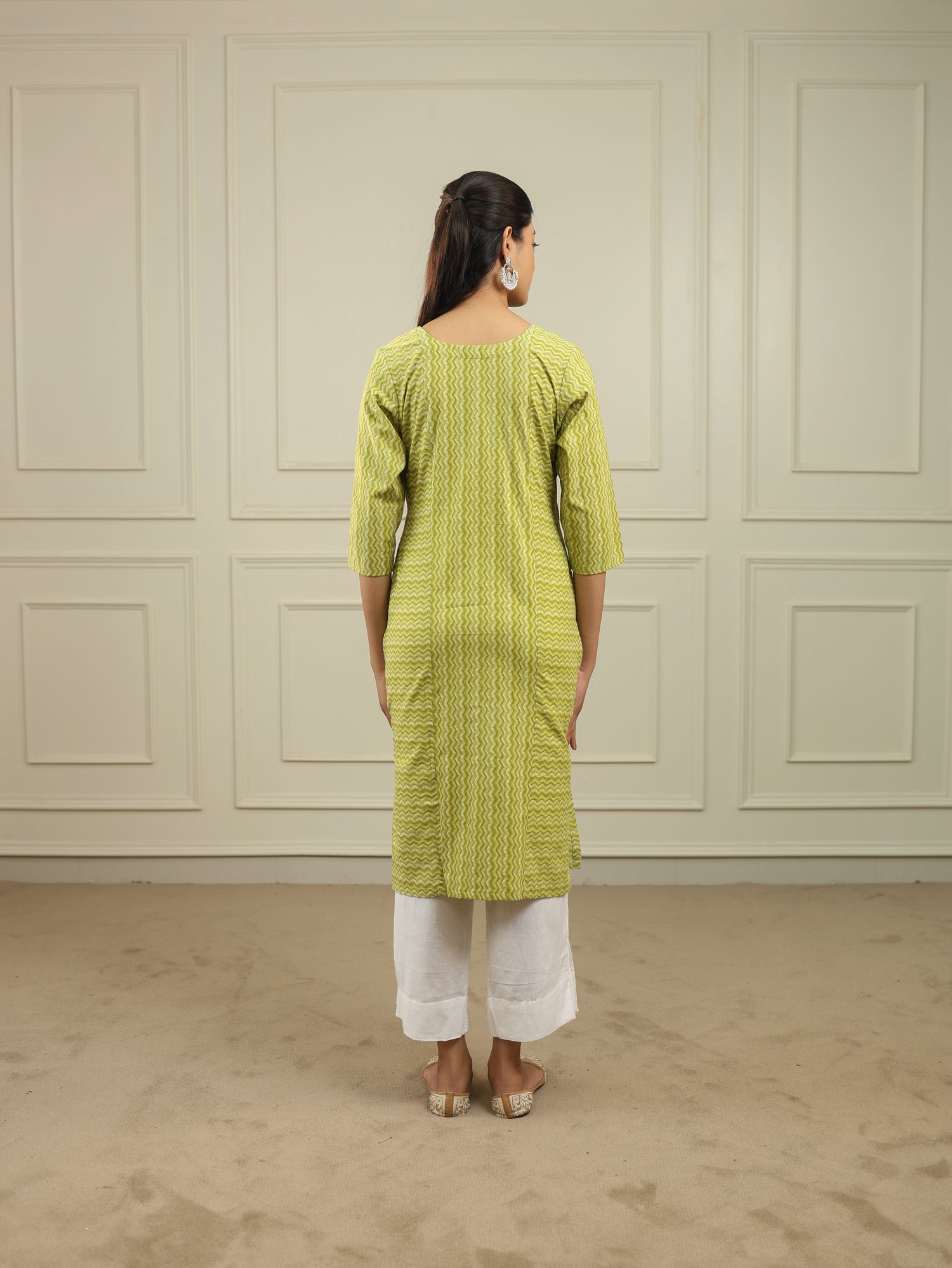 Lime Green Handblock Print Cotton Kurta with 3/4th Sleeves