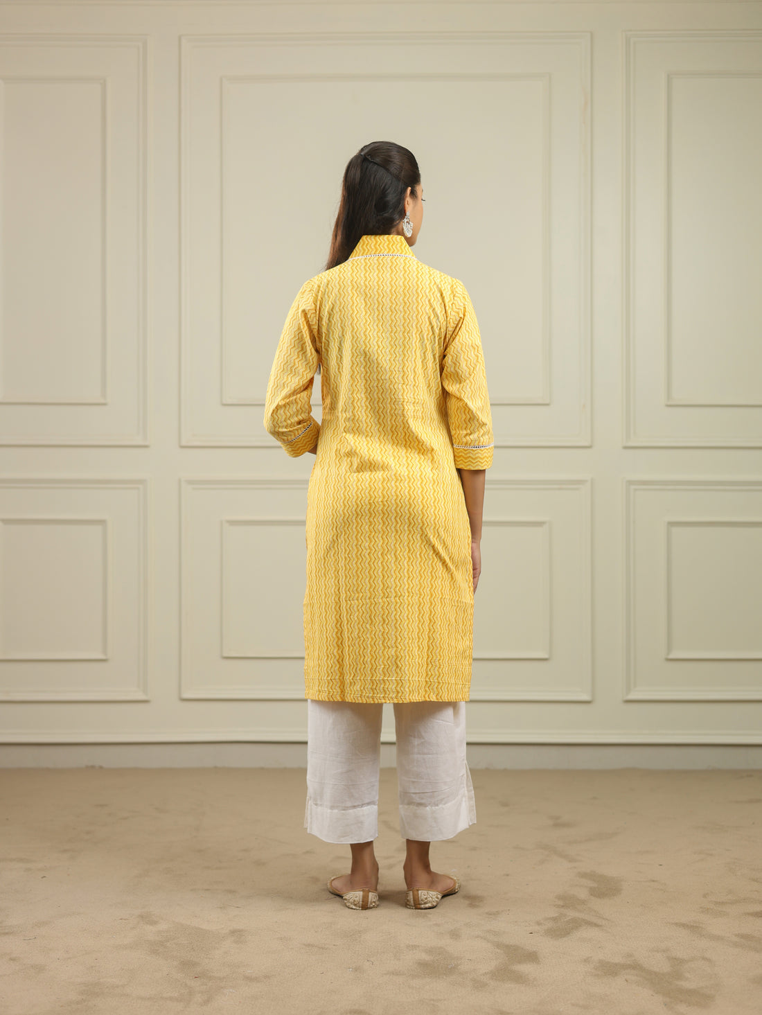 Sunshine Yellow Handblock Print Cotton Kurta with V-Neckline