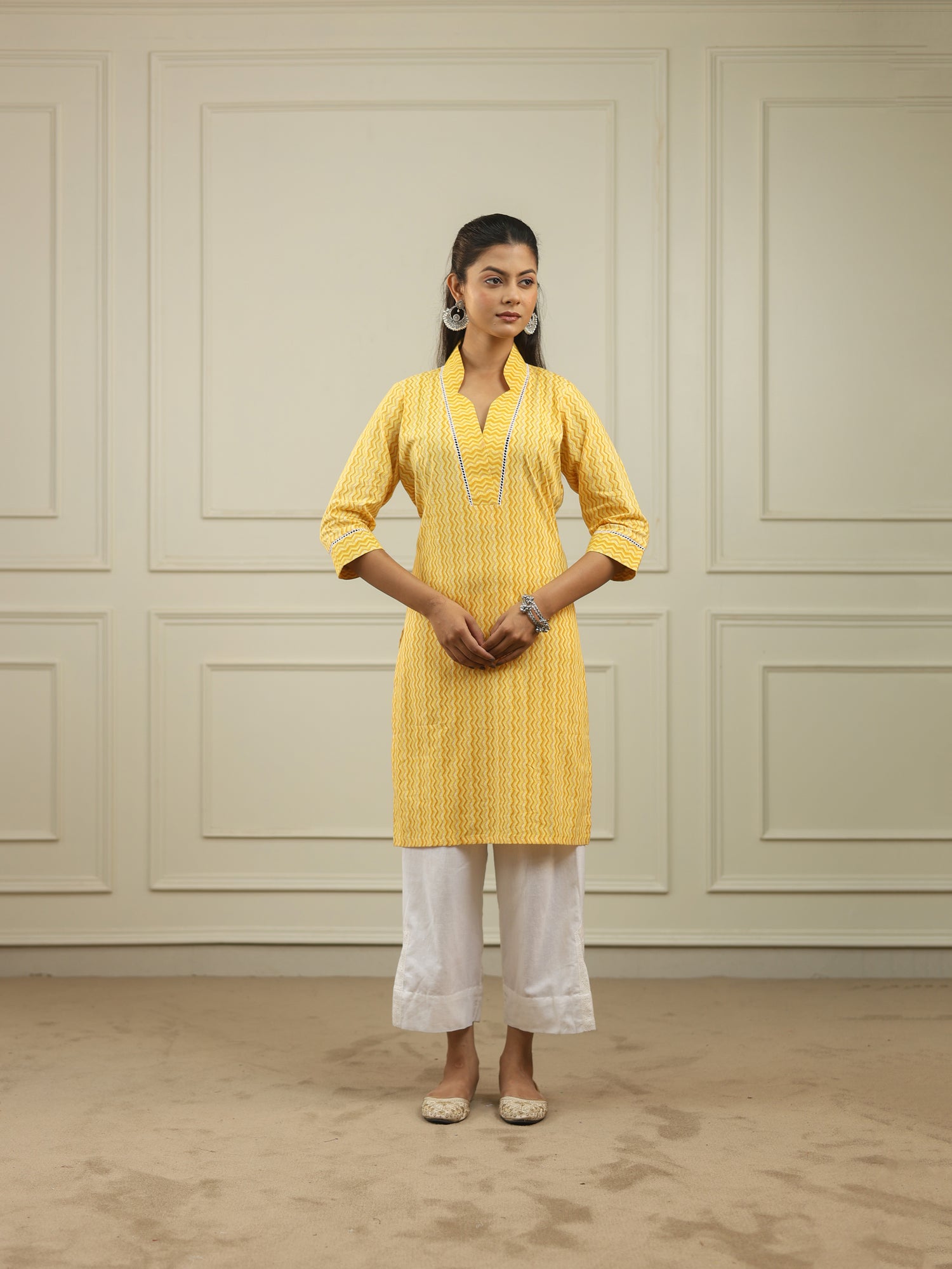 Sunshine Yellow Handblock Print Cotton Kurta with V-Neckline