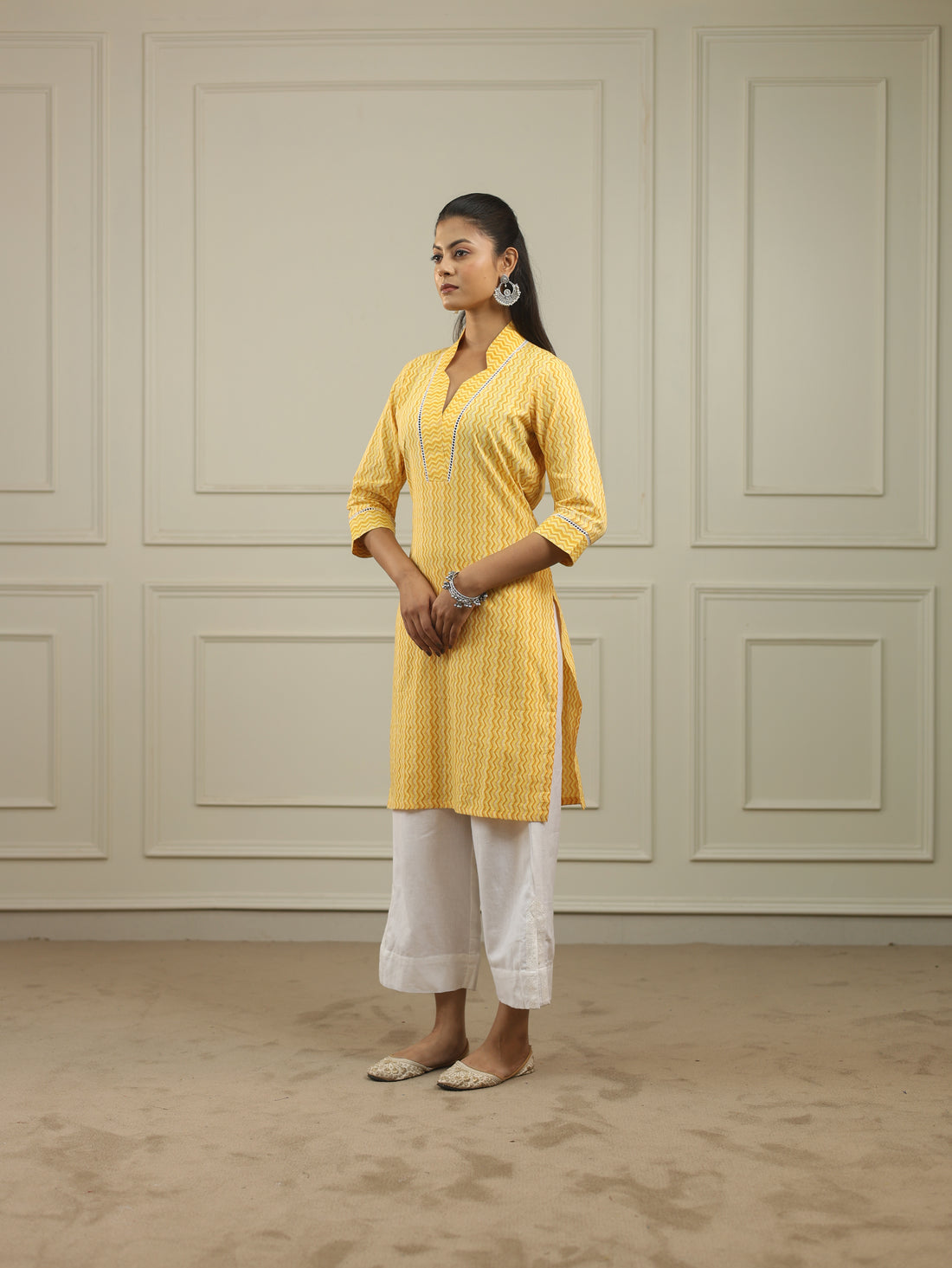 Sunshine Yellow Handblock Print Cotton Kurta with V-Neckline