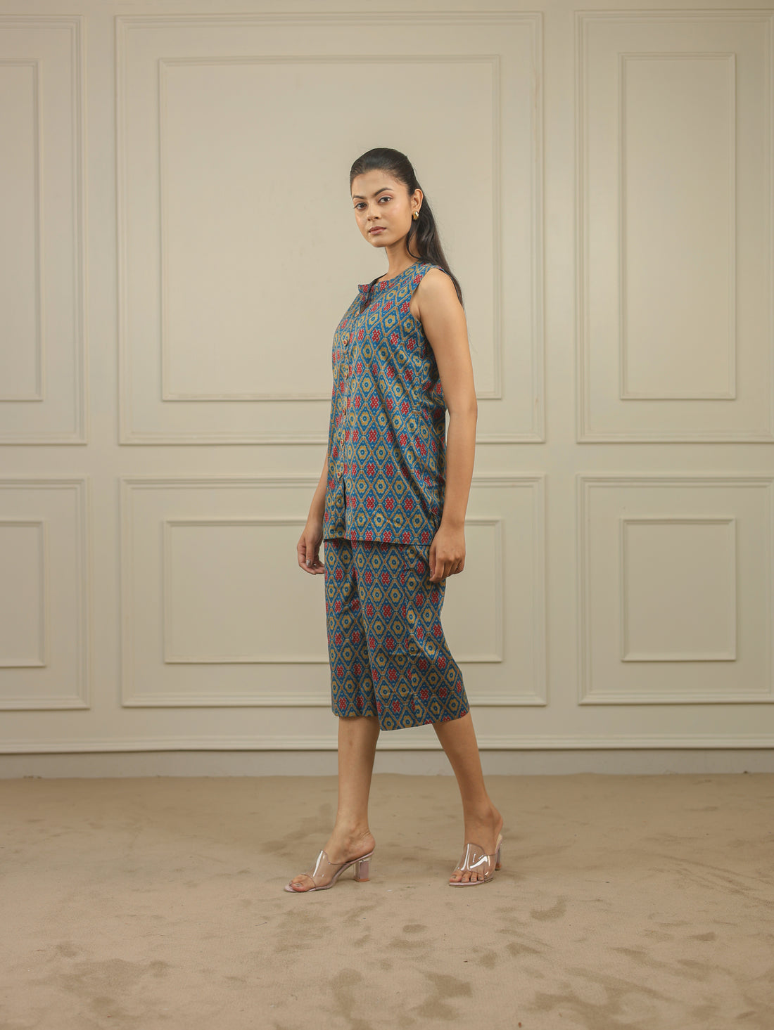 Blue Ikkat Print Cotton Sleeveless Co-Ord Set