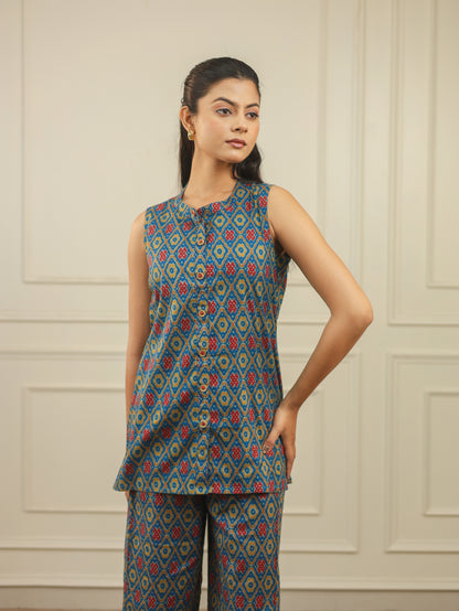 Blue Ikkat Print Cotton Sleeveless Co-Ord Set