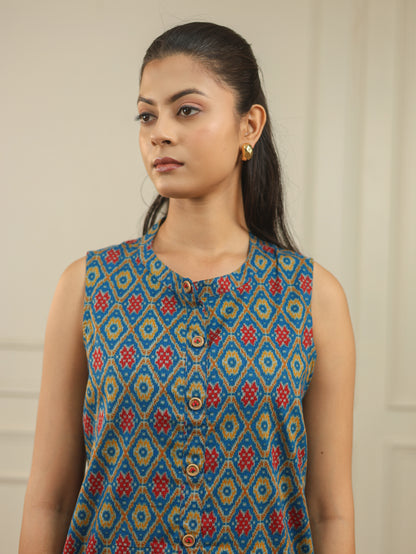 Blue Ikkat Print Cotton Sleeveless Co-Ord Set