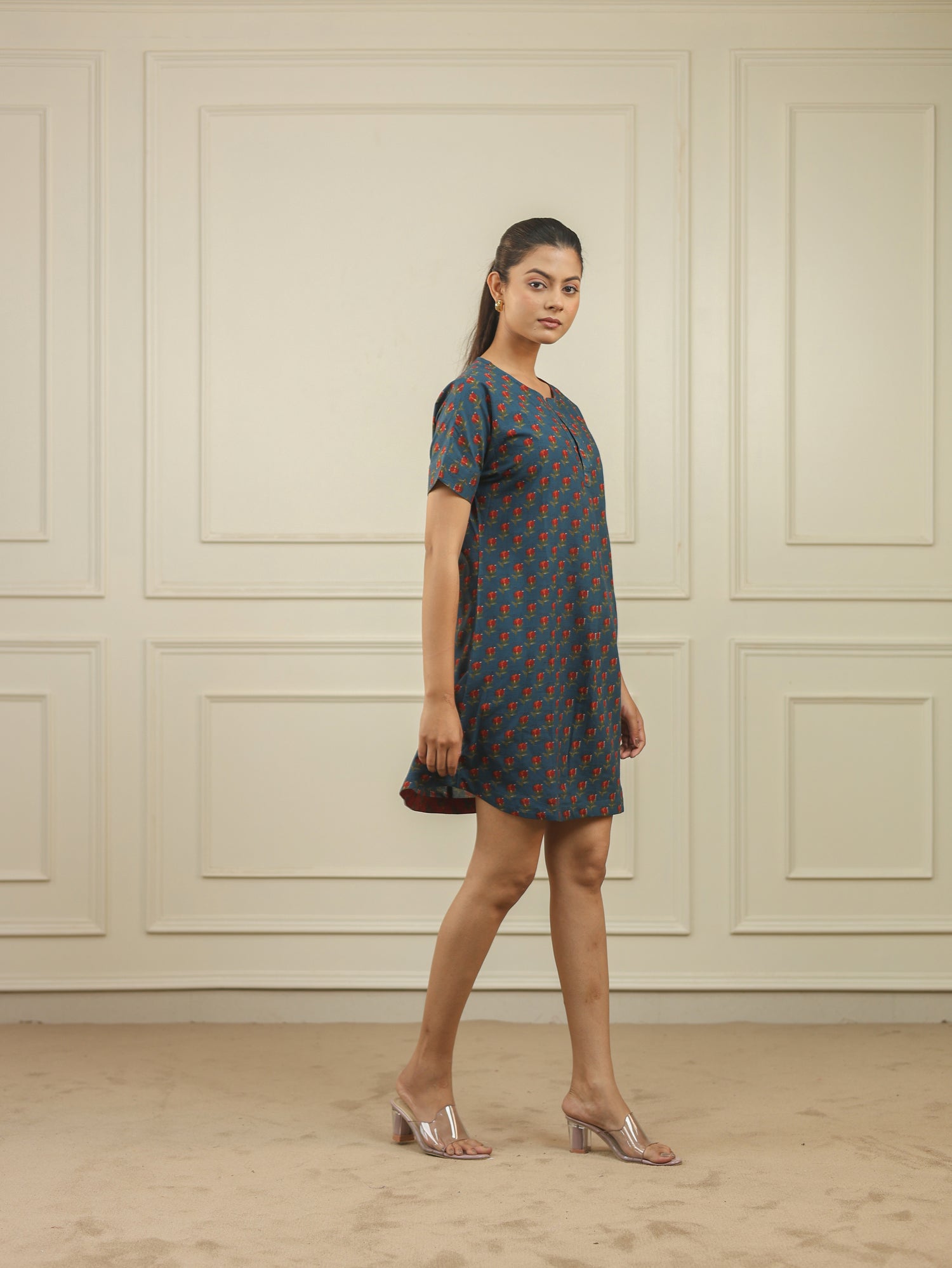 Blue Floral Handblock Print Cotton Dress