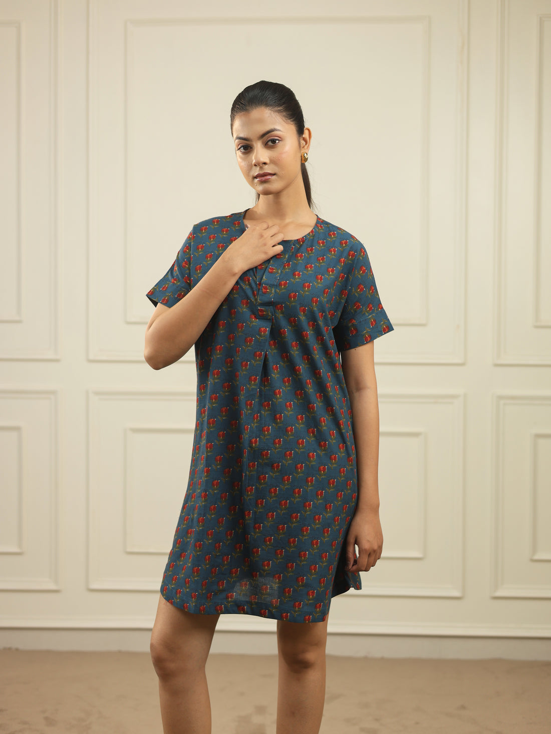Blue Floral Handblock Print Cotton Dress