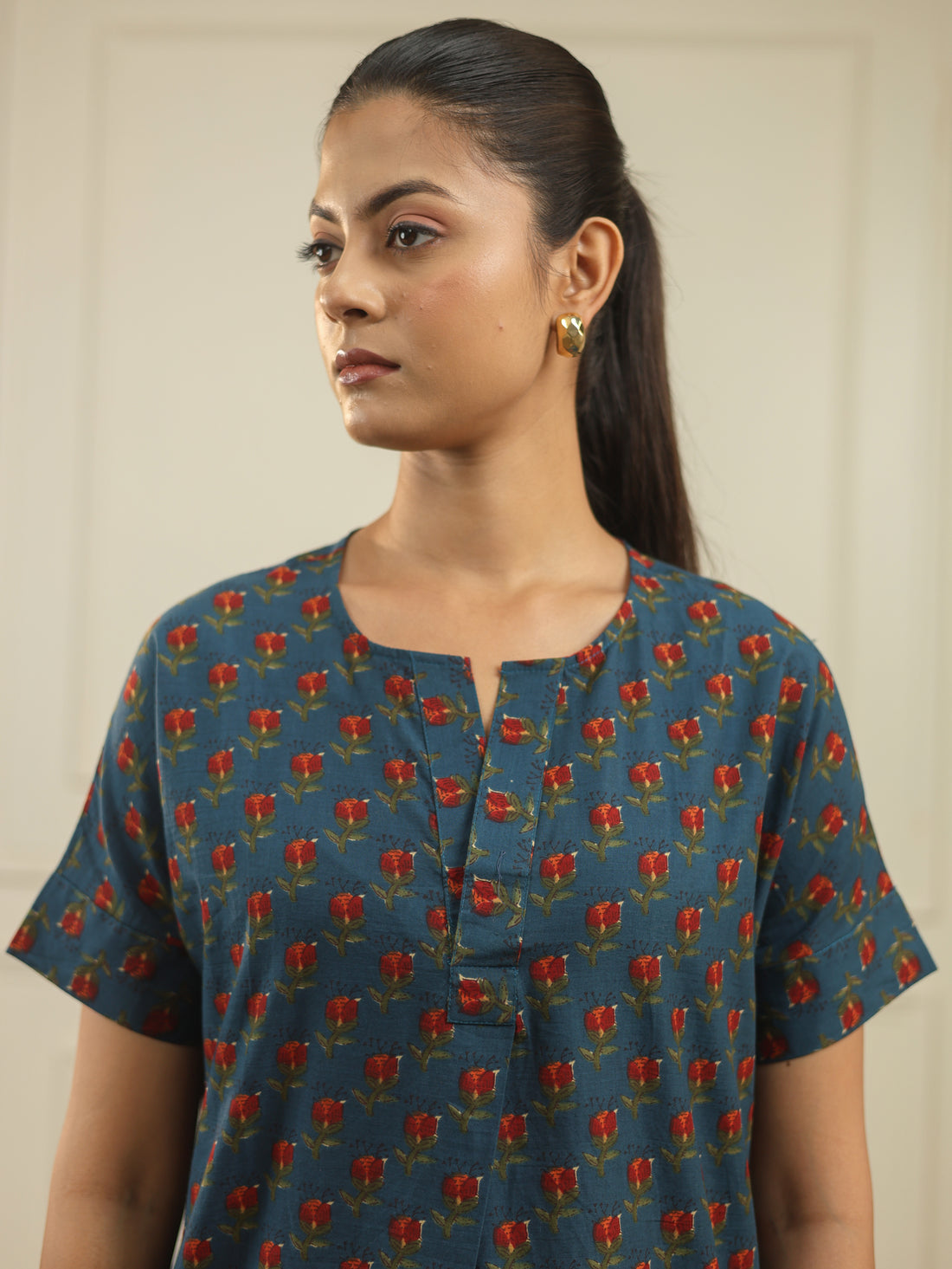 Blue Floral Handblock Print Cotton Dress