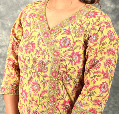 Yellow Long Kurta Set With White Palazzo