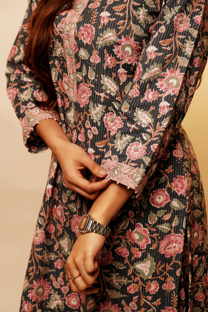 Black Floral Long Kurta